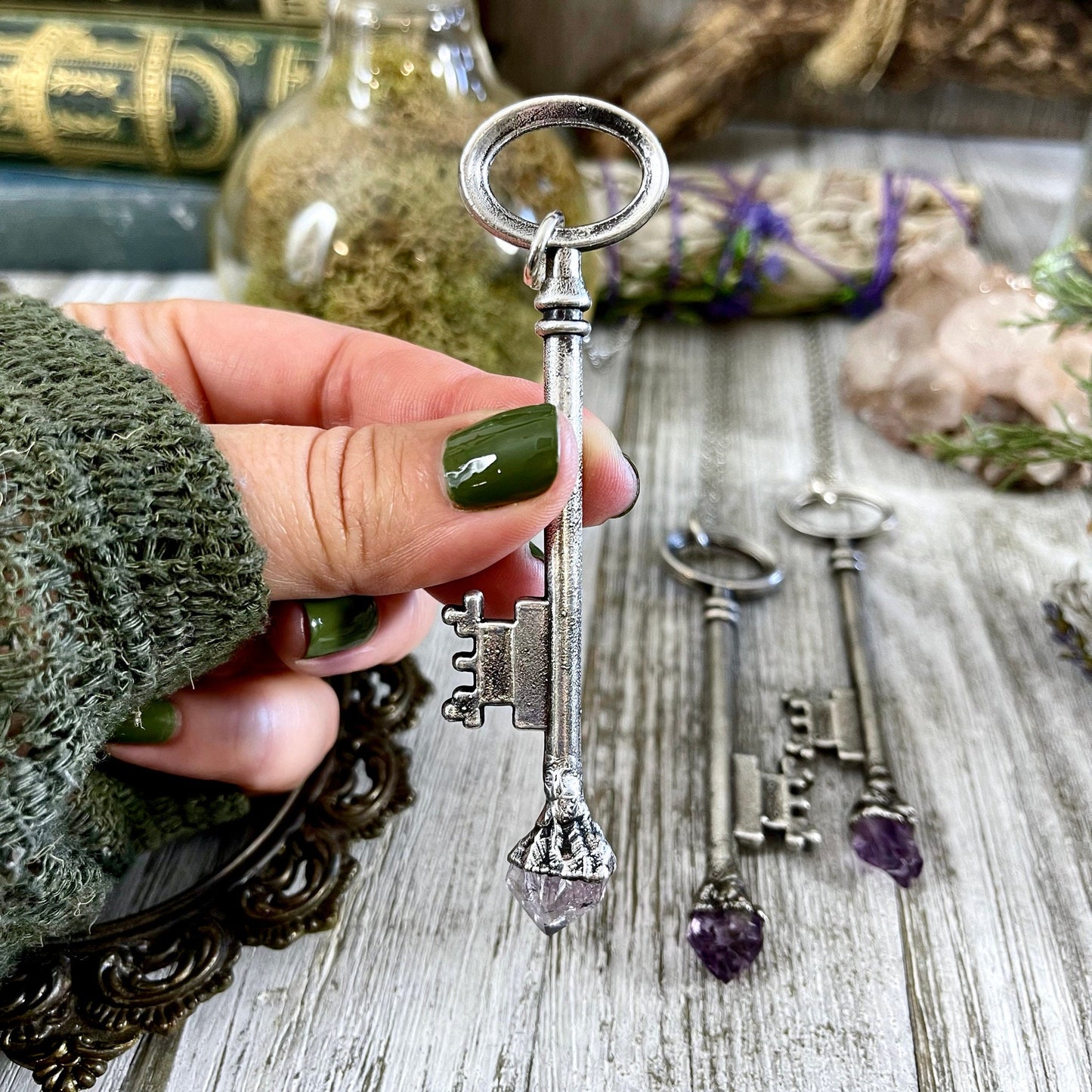 Raw Amethyst Crystal Vintage Skeleton Key Necklace Pendant in Fine Silver / Foxlark Collection - One of a Kind