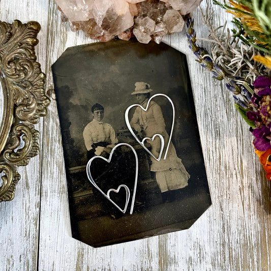 Dainty Sterling Silver Double Heart Earrings / Witchy Earrings  Gothic Jewelry.