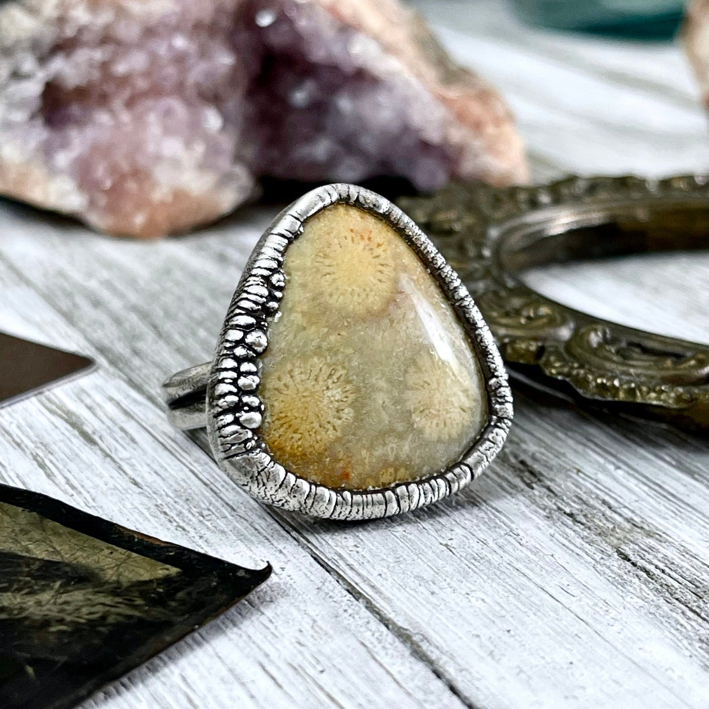 Size 9.5 Fossilized Coral Silver Statement Ring / Foxlark Collection - One of a Kind