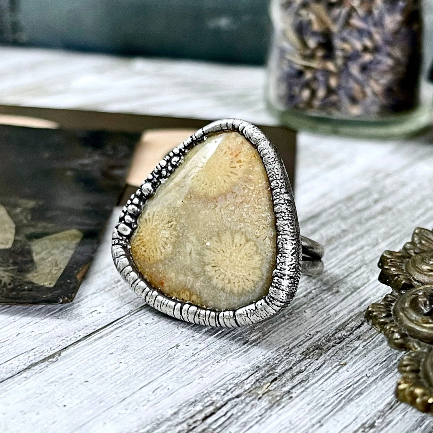 Size 9.5 Fossilized Coral Silver Statement Ring / Foxlark Collection - One of a Kind