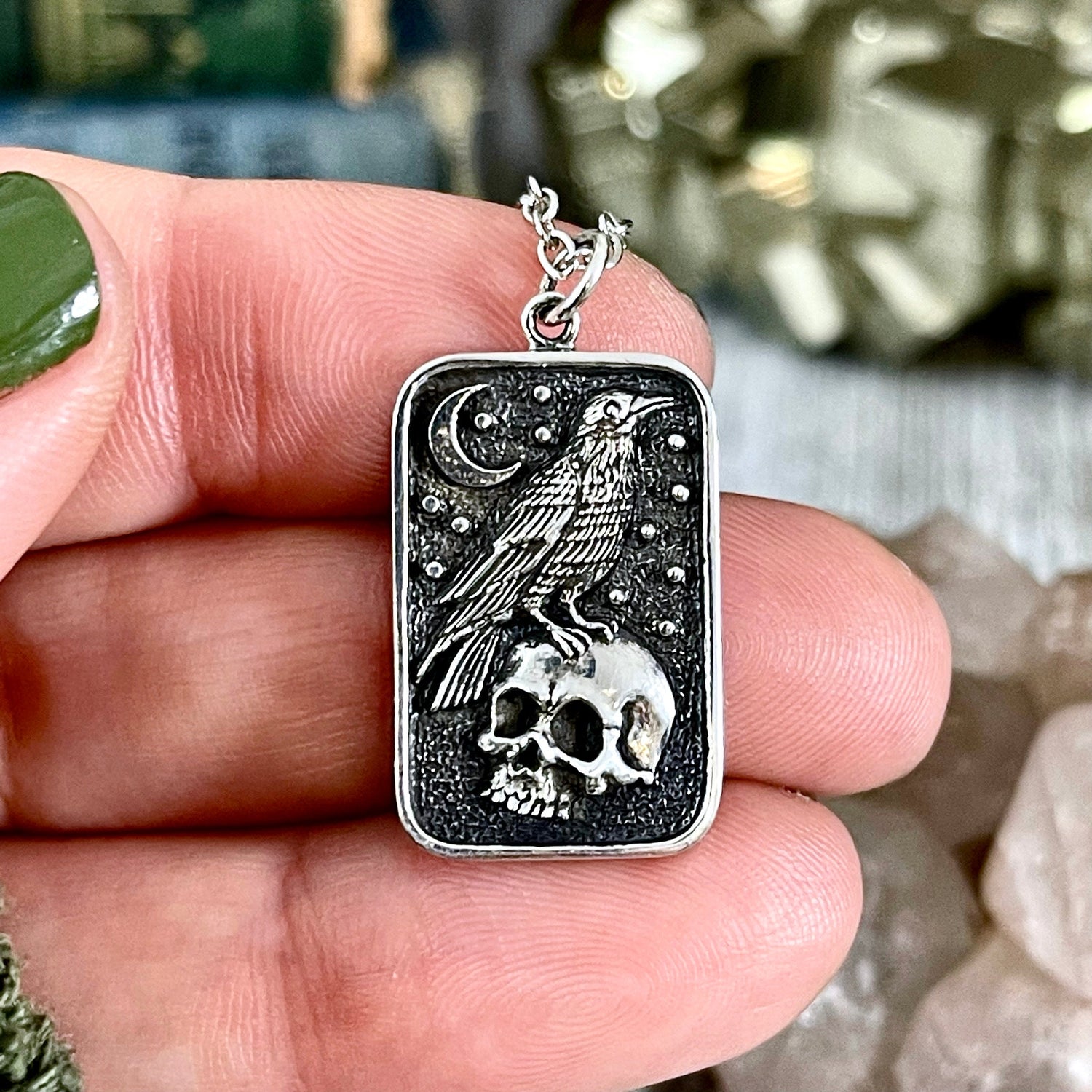 Tiny Talisman Collection - Sterling Silver Skull and Raven Pendant Necklace 29x15mm / Curated by Foxlark Collection 925