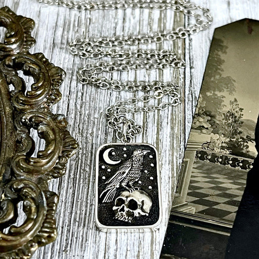 Tiny Talisman Collection - Sterling Silver Skull and Raven Pendant Necklace 29x15mm / - Foxlark Crystal Jewelry