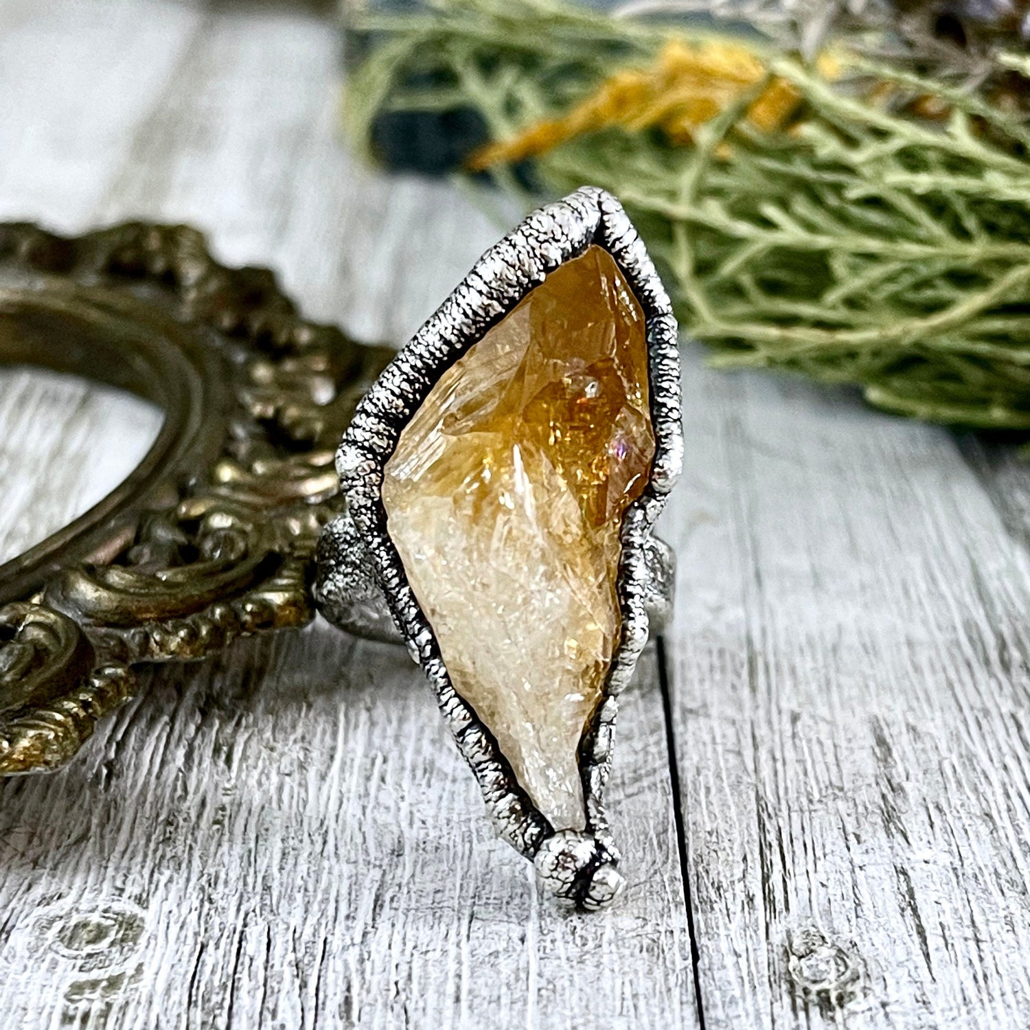 Size 6.5 Raw Citrine Crystal Point Ring Set in Fine Silver / Foxlark Collection - One of a Kind