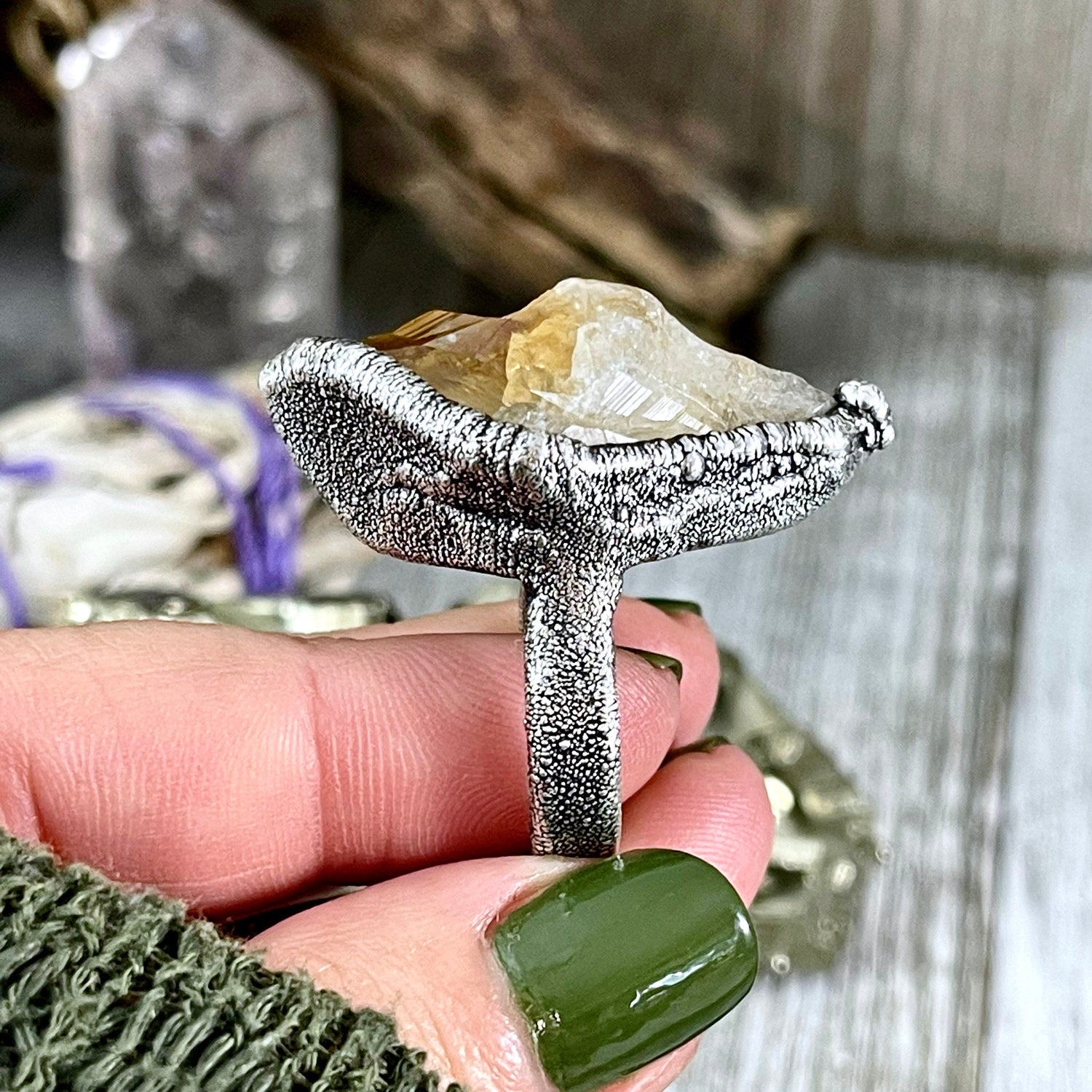 Size 6.5 Raw Citrine Crystal Point Ring Set in Fine Silver / Foxlark Collection - One of a Kind