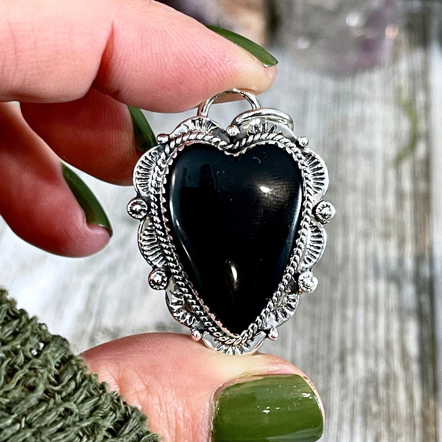 Black Onyx Crystal Heart Necklace in Sterling Silver  -Designed by FOXLARK Collection