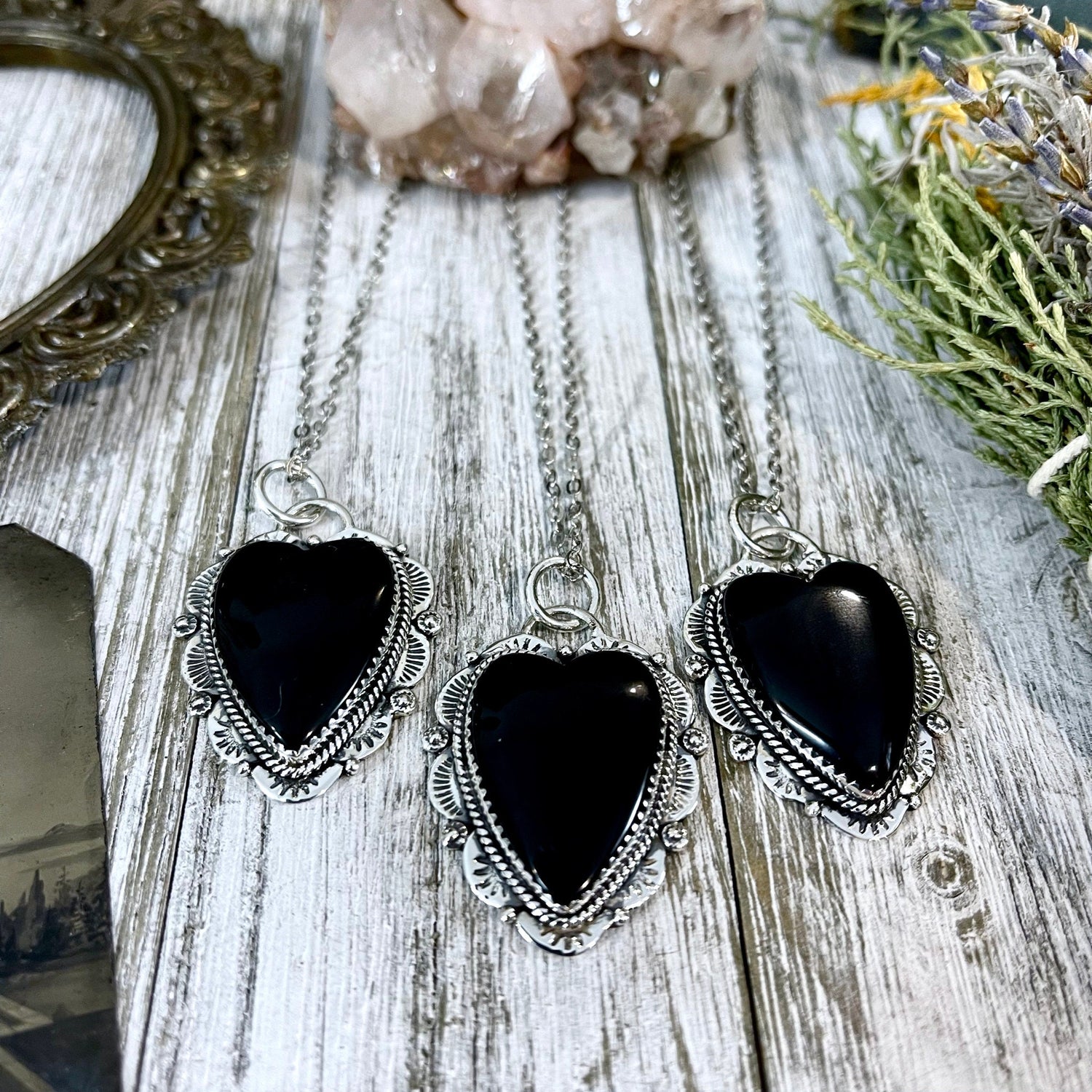 Black Onyx Crystal Heart Necklace in Sterling Silver  -Designed by FOXLARK Collection