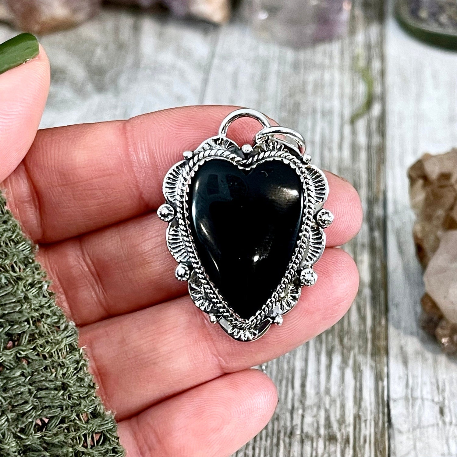 Black Onyx Crystal Heart Necklace in Sterling Silver  -Designed by FOXLARK Collection