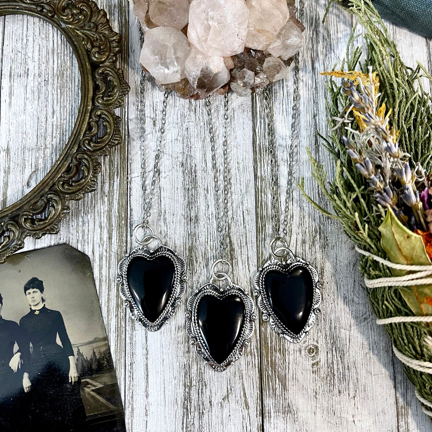 Black Onyx Crystal Heart Necklace in Sterling Silver  -Designed by FOXLARK Collection