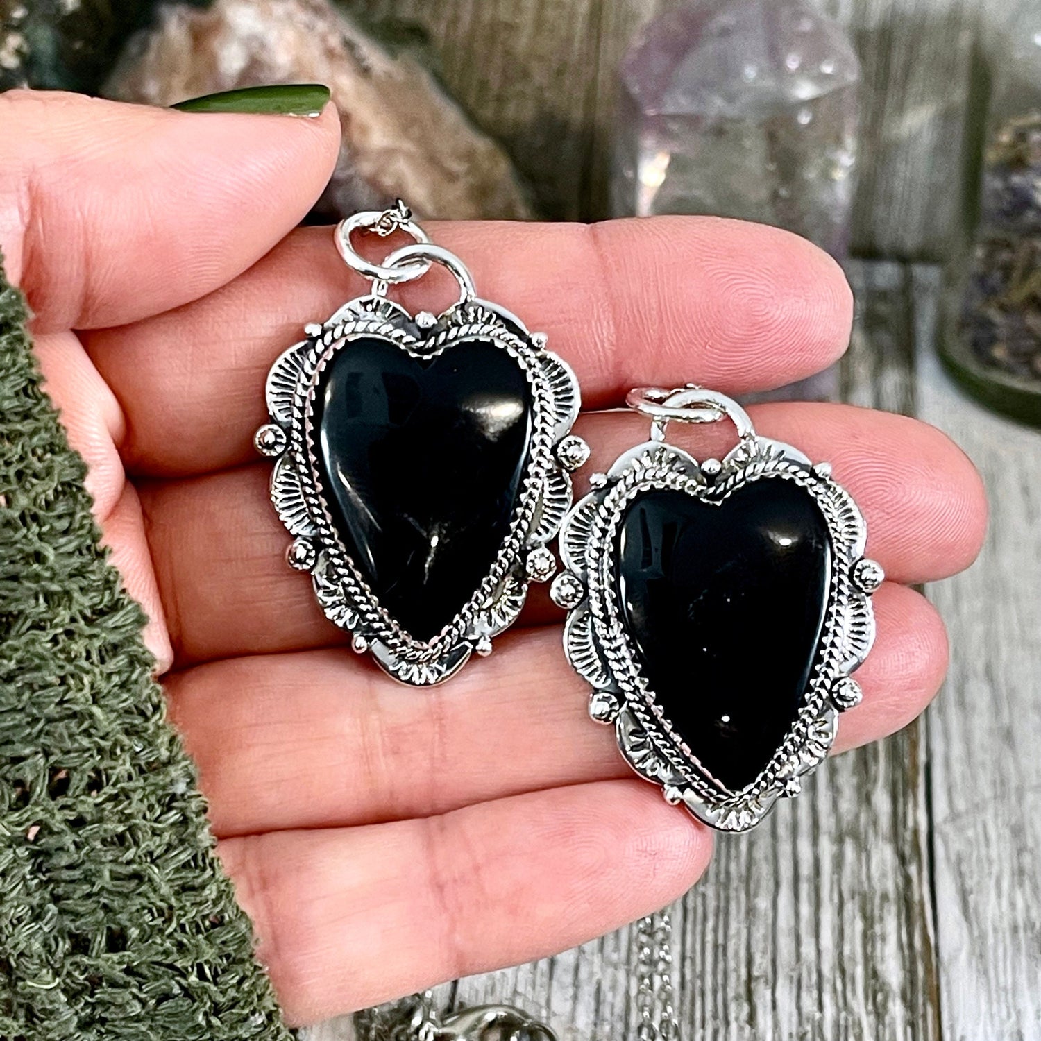 Black Onyx Crystal Heart Necklace in Sterling Silver  -Designed by FOXLARK Collection