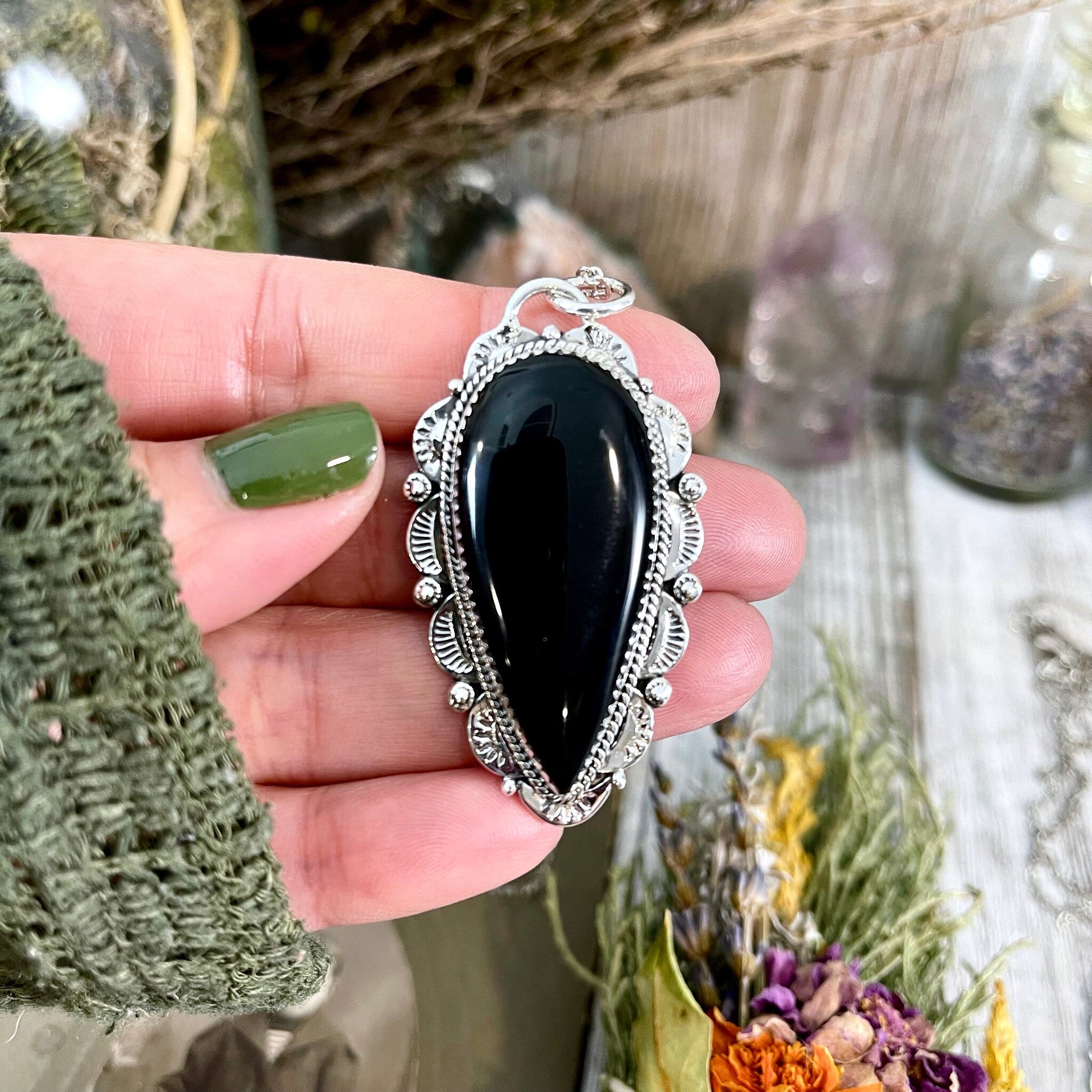 Black Onyx Crystal Teardrop Necklace in Sterling Silver -Designed by FOXLARK Collection / Witchy Necklace Goth Jewelry - Foxlark Crystal Jewelry