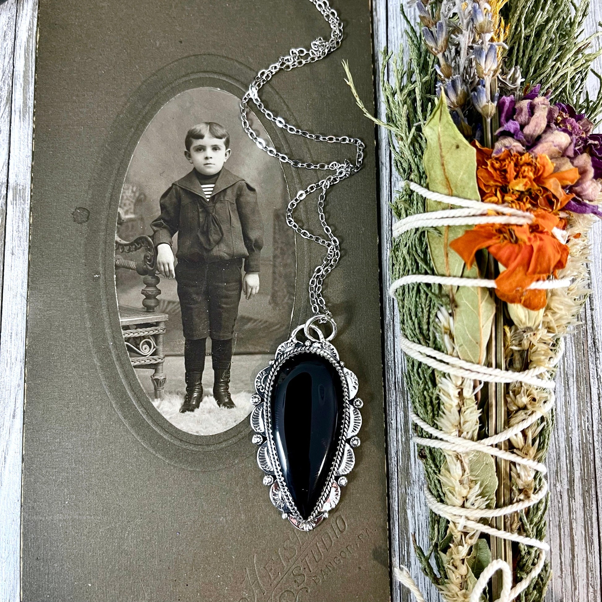 Black Onyx Crystal Teardrop Necklace in Sterling Silver -Designed by FOXLARK Collection / Witchy Necklace Goth Jewelry - Foxlark Crystal Jewelry