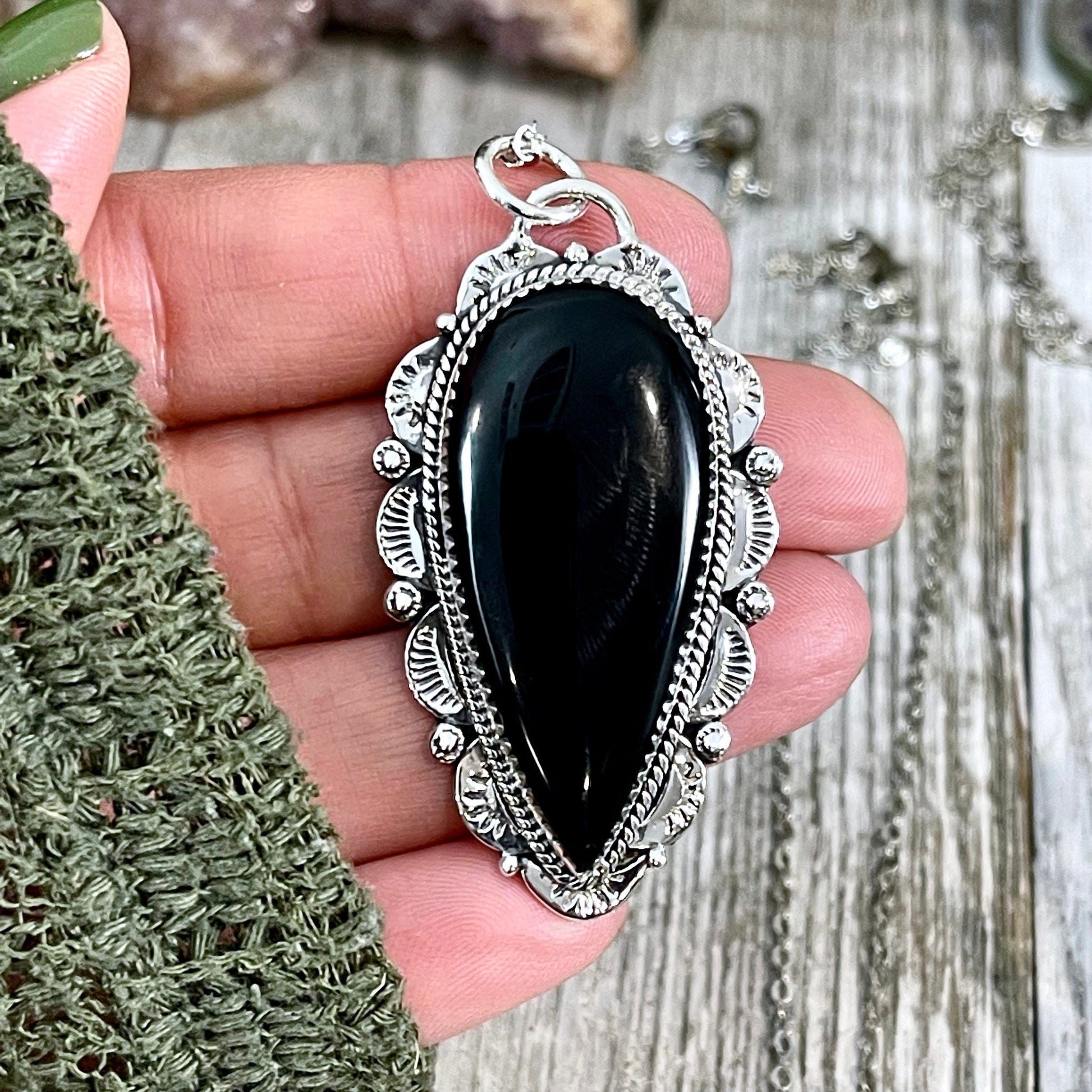 Black Onyx Crystal Teardrop Necklace in Sterling Silver -Designed by FOXLARK Collection / Witchy Necklace Goth Jewelry - Foxlark Crystal Jewelry