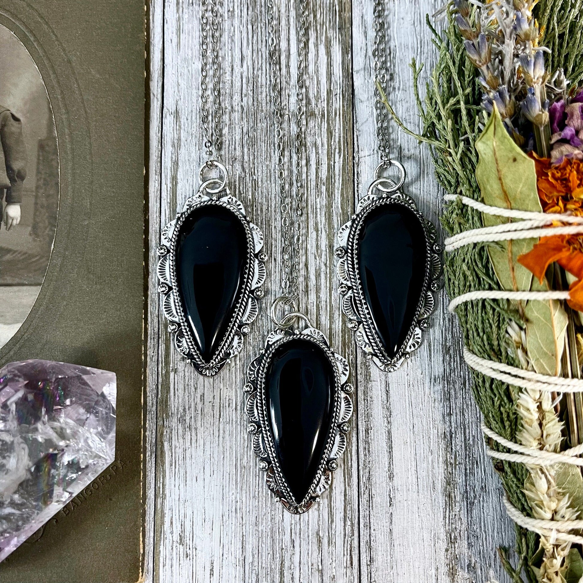 Black Onyx Crystal Teardrop Necklace in Sterling Silver -Designed by FOXLARK Collection / Witchy Necklace Goth Jewelry - Foxlark Crystal Jewelry