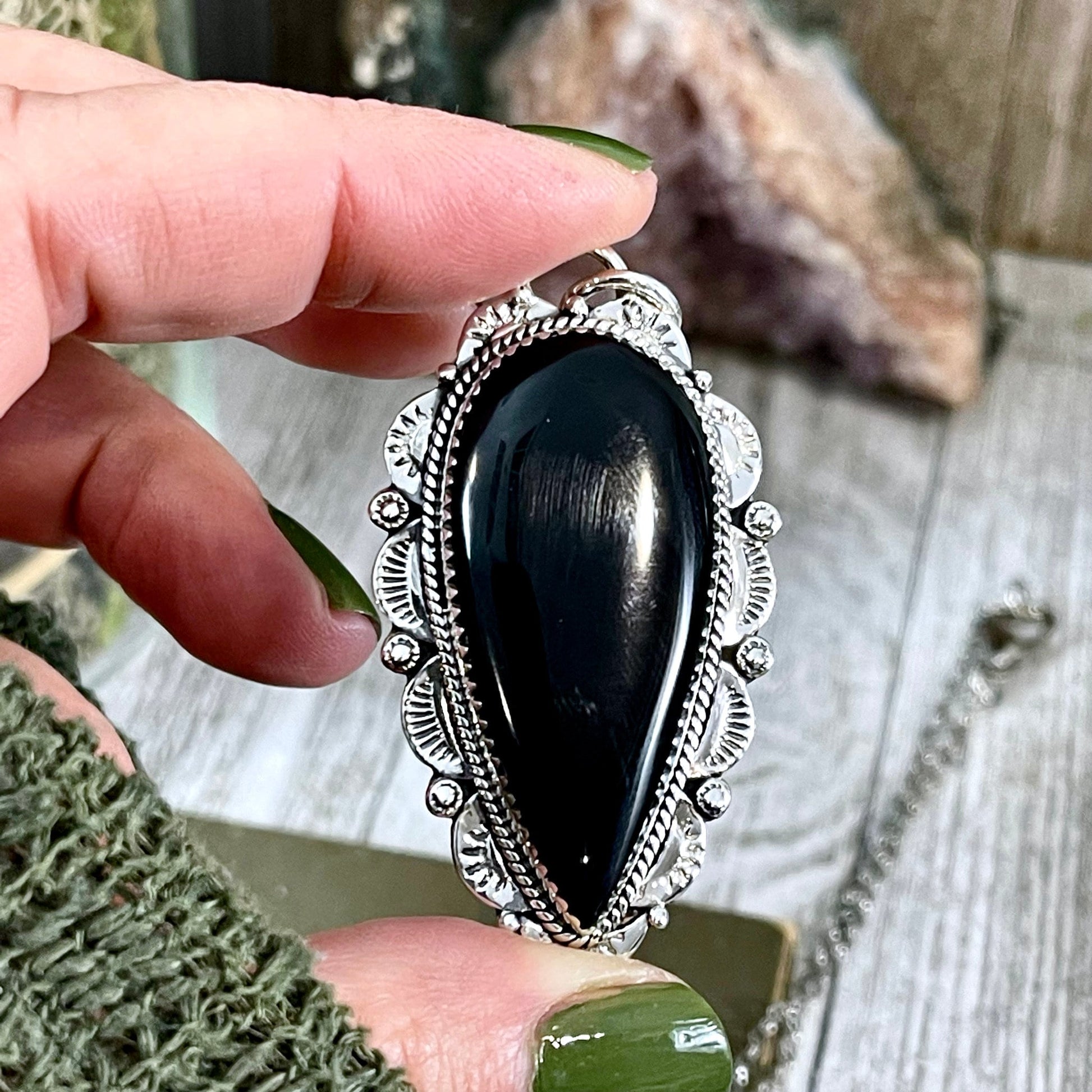 Black Onyx Crystal Teardrop Necklace in Sterling Silver -Designed by FOXLARK Collection / Witchy Necklace Goth Jewelry - Foxlark Crystal Jewelry