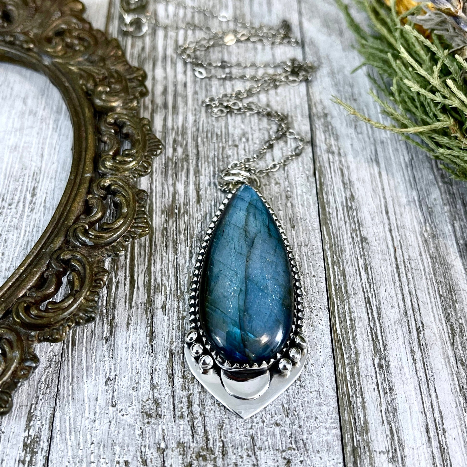 Midnight Moon Necklace - Labradorite Crystal Teardrop Necklace in Sterling Silver -Designed by FOXLARK Collection/ Witchy Crystal Necklace