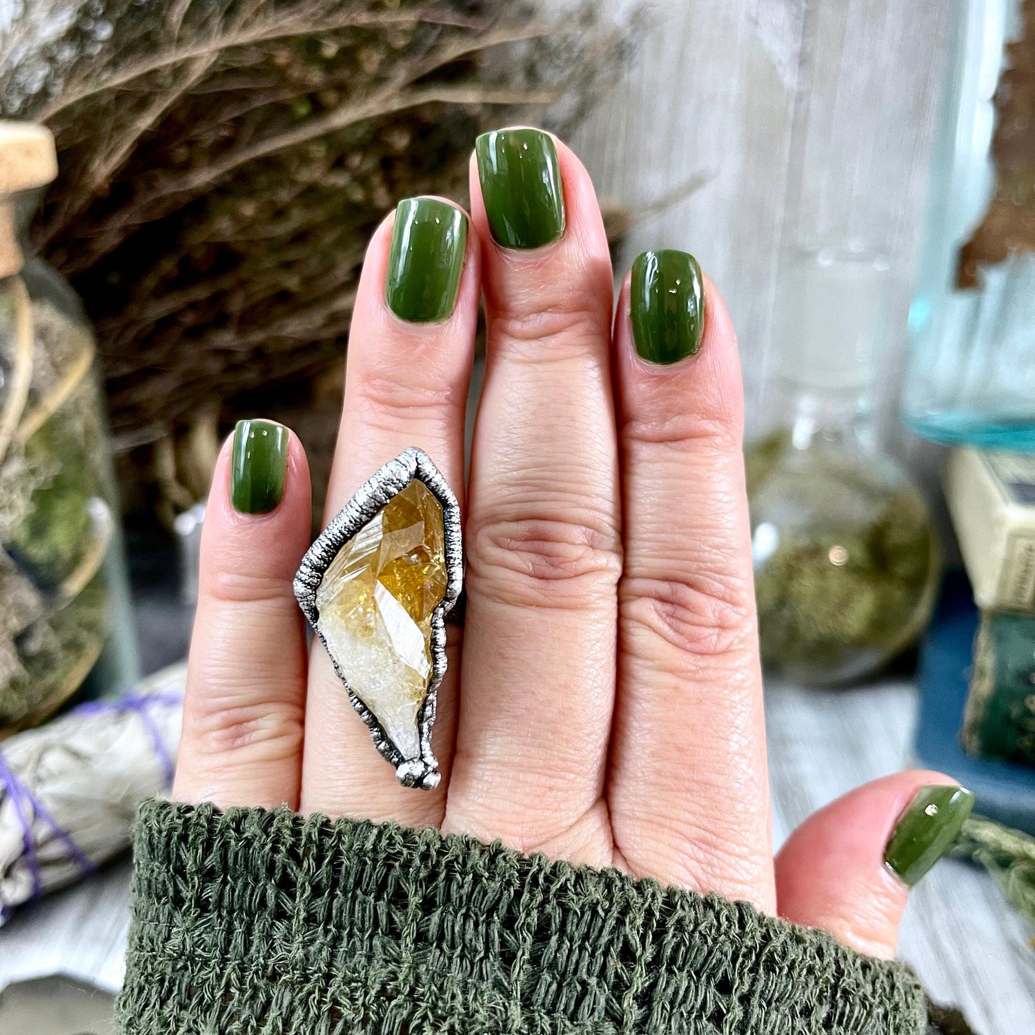 Size 6.5 Raw Citrine Crystal Point Ring Set in Fine Silver / Foxlark Collection - One of a Kind