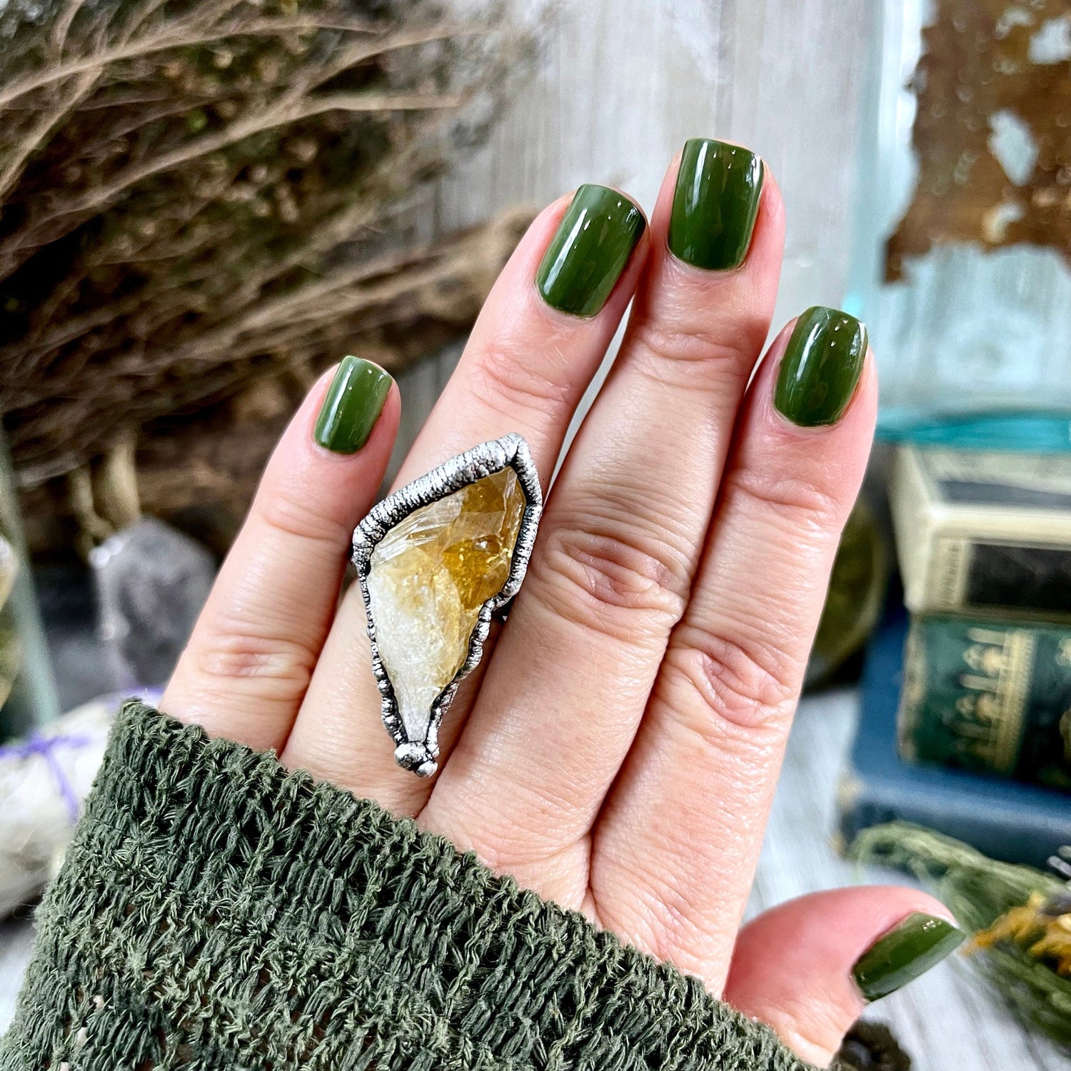 Size 6.5 Raw Citrine Crystal Point Ring Set in Fine Silver / Foxlark Collection - One of a Kind