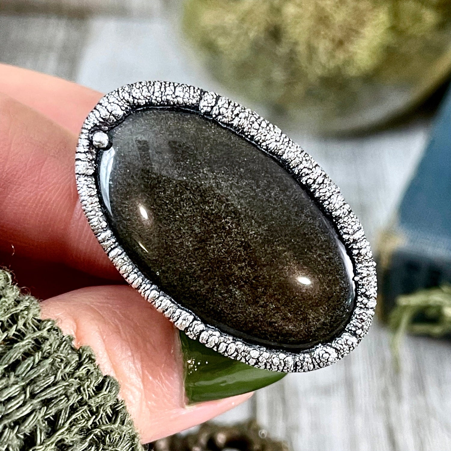 Size 7 Silver Sheen Obsidian Statement Ring in fine Silver / Foxlark Collection - One of a Kind
