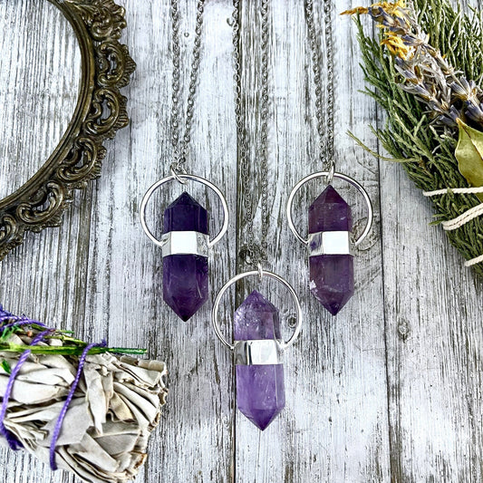 Purple Amethyst Crystal Point Necklace in Sterling Silver -Designed by FOXLARK Collection - Foxlark Crystal Jewelry