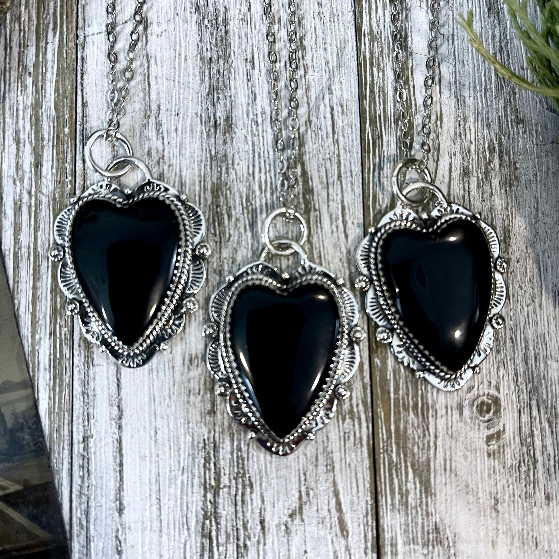 Black Onyx Crystal Heart Necklace in Sterling Silver  -Designed by FOXLARK Collection / Witchy Necklace Goth Jewelry.