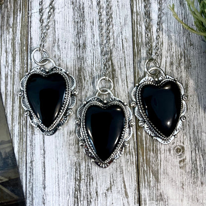 Black Onyx Crystal Heart Necklace in Sterling Silver  -Designed by FOXLARK Collection / Witchy Necklace Goth Jewelry.