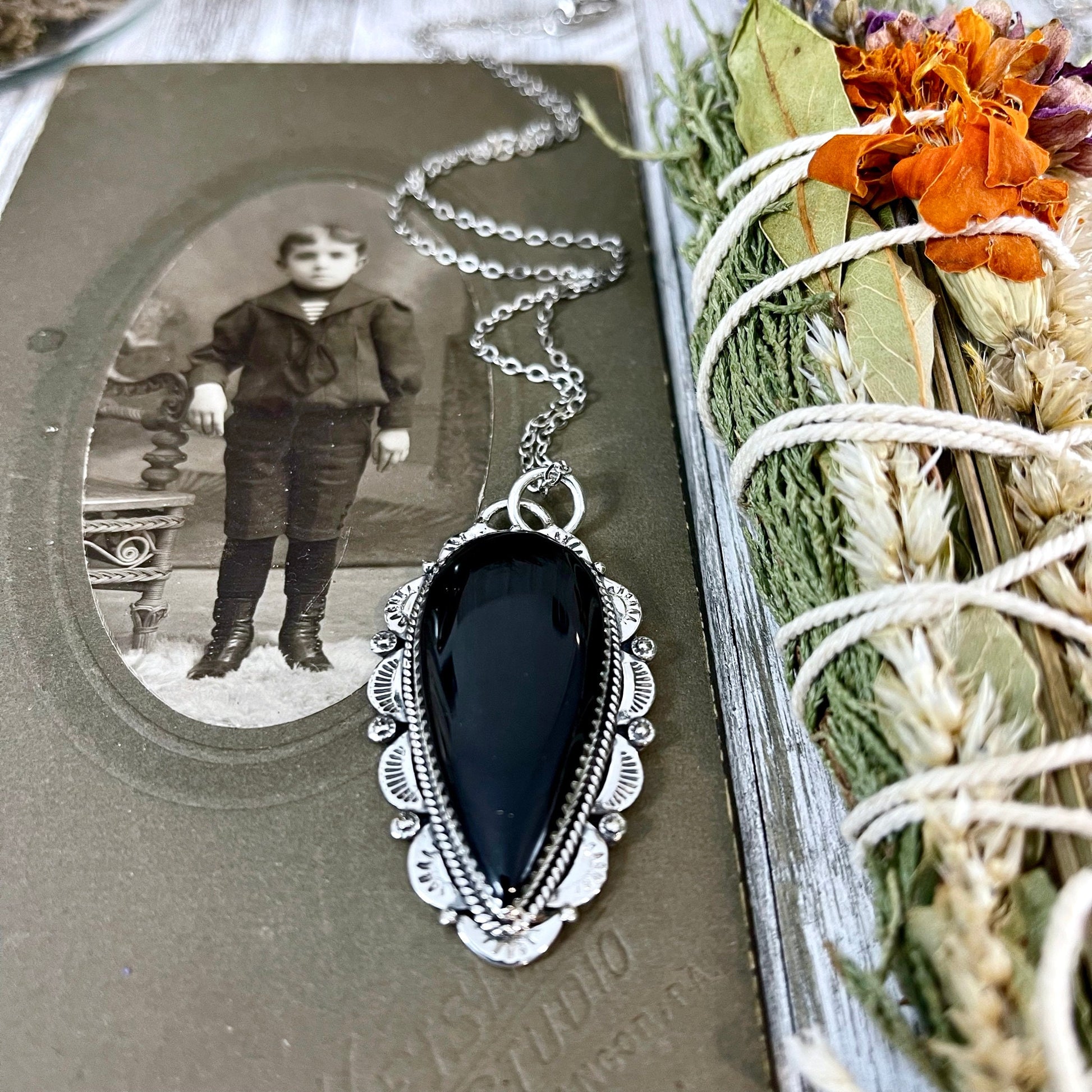 Black Onyx Crystal Teardrop Necklace in Sterling Silver -Designed by FOXLARK Collection / Witchy Necklace Goth Jewelry - Foxlark Crystal Jewelry