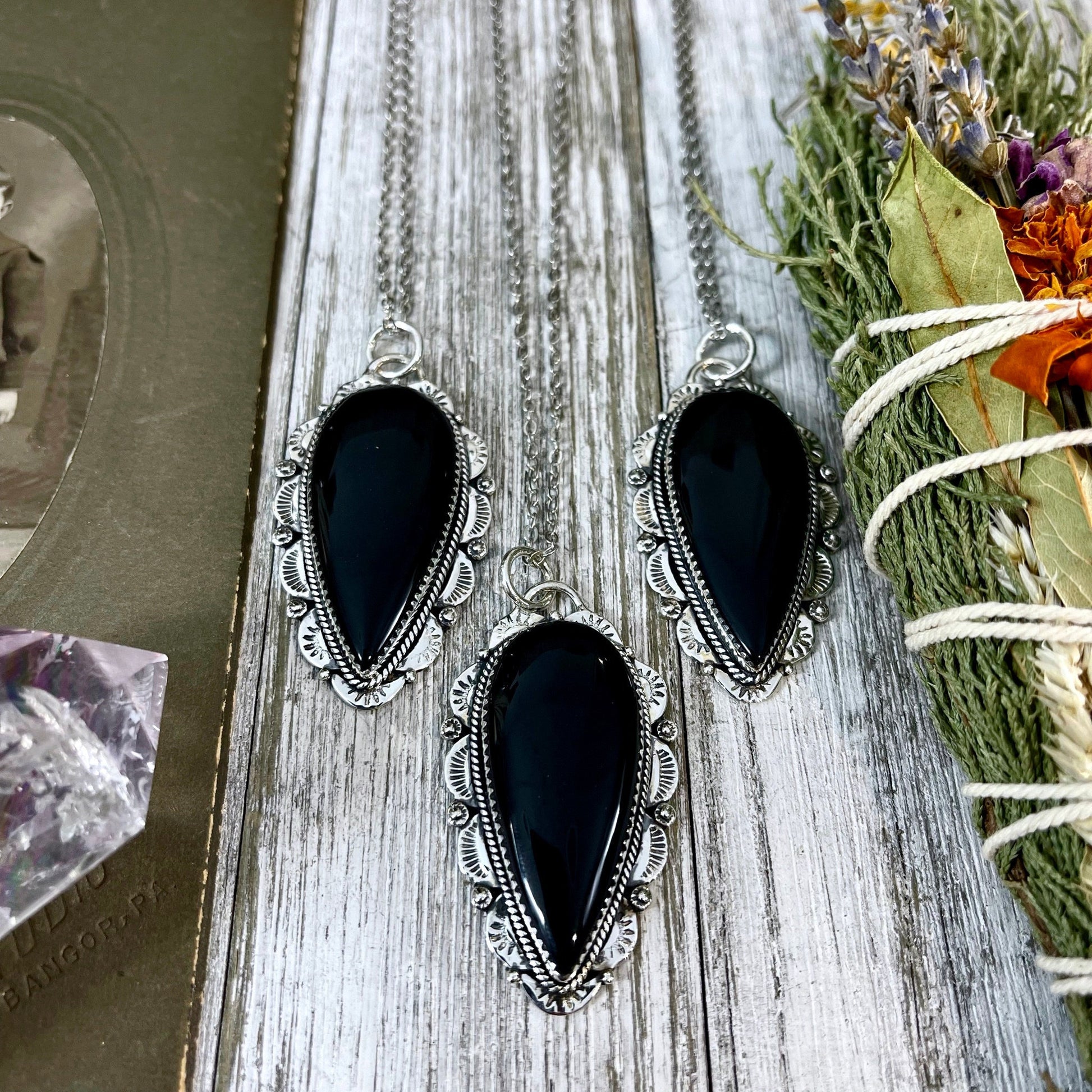 Black Onyx Crystal Teardrop Necklace in Sterling Silver -Designed by FOXLARK Collection / Witchy Necklace Goth Jewelry - Foxlark Crystal Jewelry