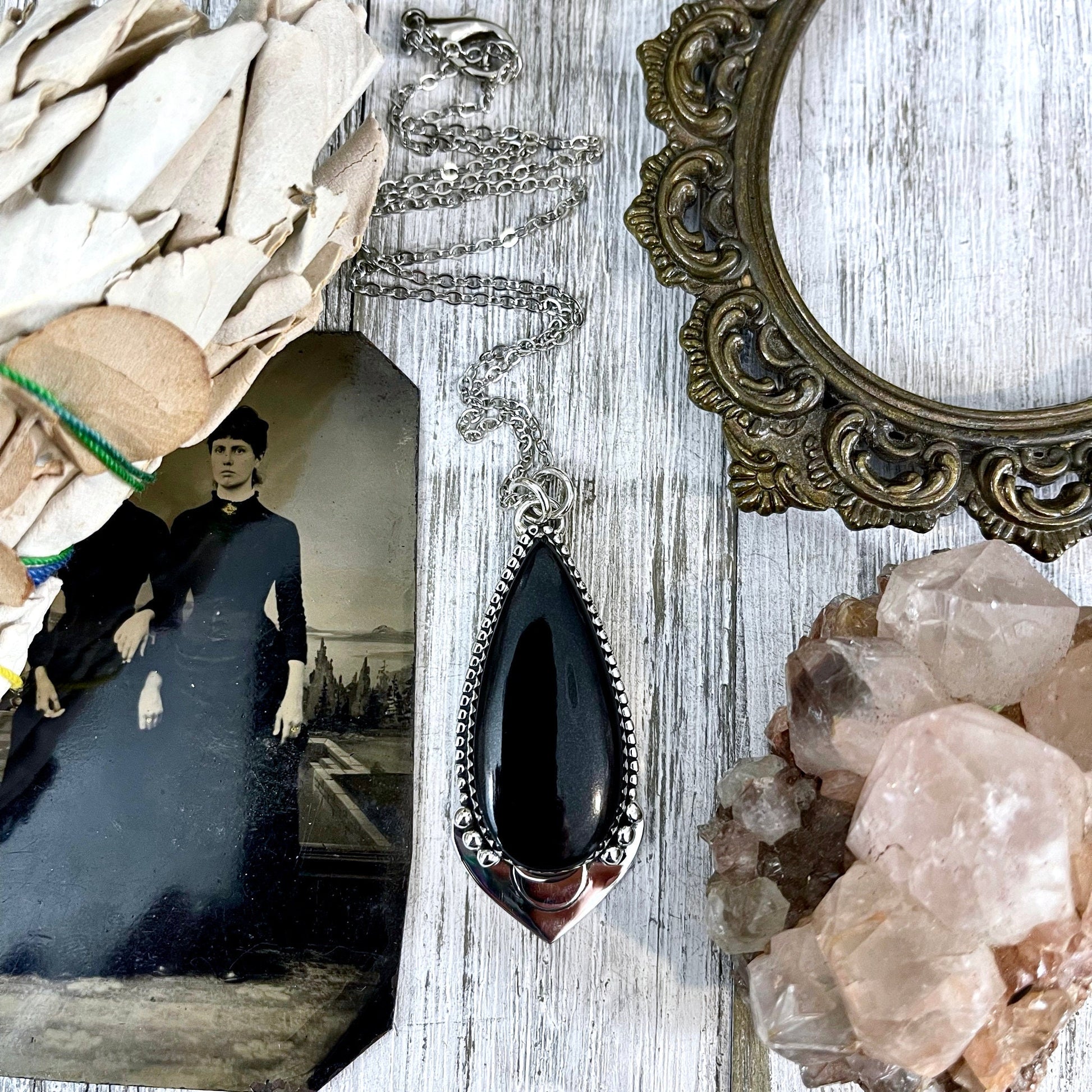 Midnight Moon Necklace- Black Onyx Crystal Teardrop Necklace in Sterling Silver -Designed by FOXLARK Collection/ Witchy Crystal Necklace - Foxlark Crystal Jewelry