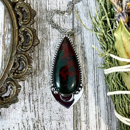 Midnight Moon Necklace - Bloodstone Crystal Teardrop Necklace in Sterling Silver -Designed by FOXLARK Collection/ Witchy Crystal Necklace