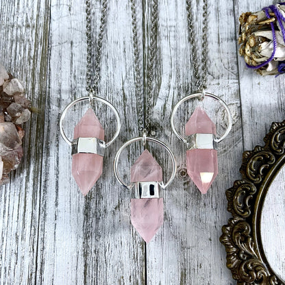 Rose Quartz Crystal Point Necklace in Sterling Silver  -Designed by FOXLARK Collection / Witchy Necklace Goth Jewelry.