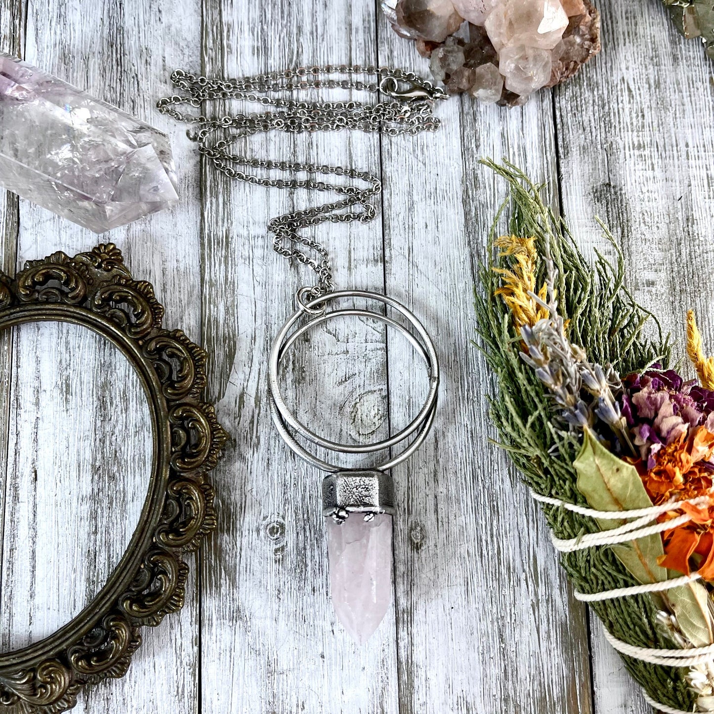 Silver Crystal Necklace Rose Quartz Necklace / Pink Quartz Necklace Natural Stone Necklace - Foxlark Crystal Jewelry