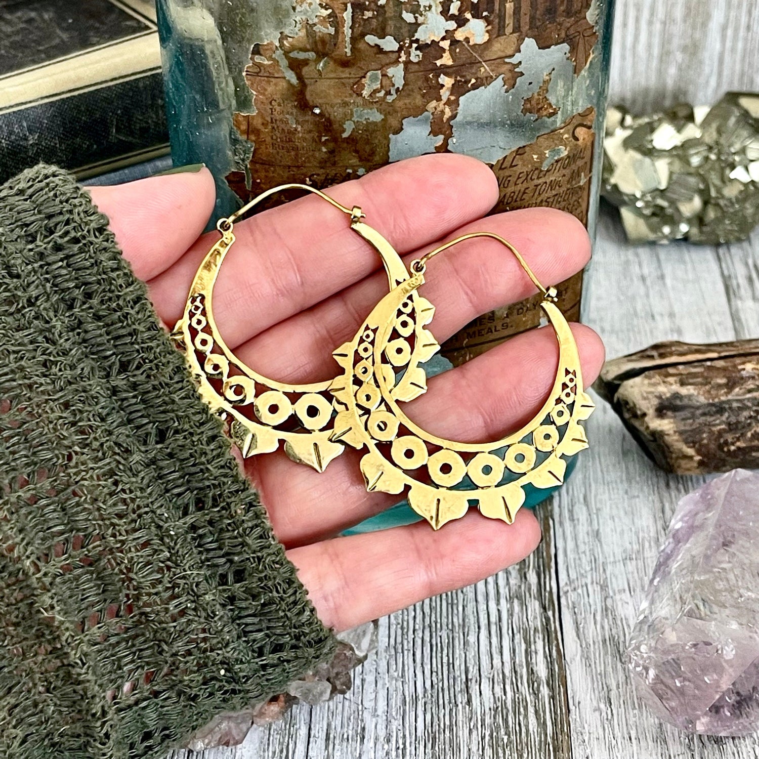 Large Brass Dots Decorated Hoop Earrings
