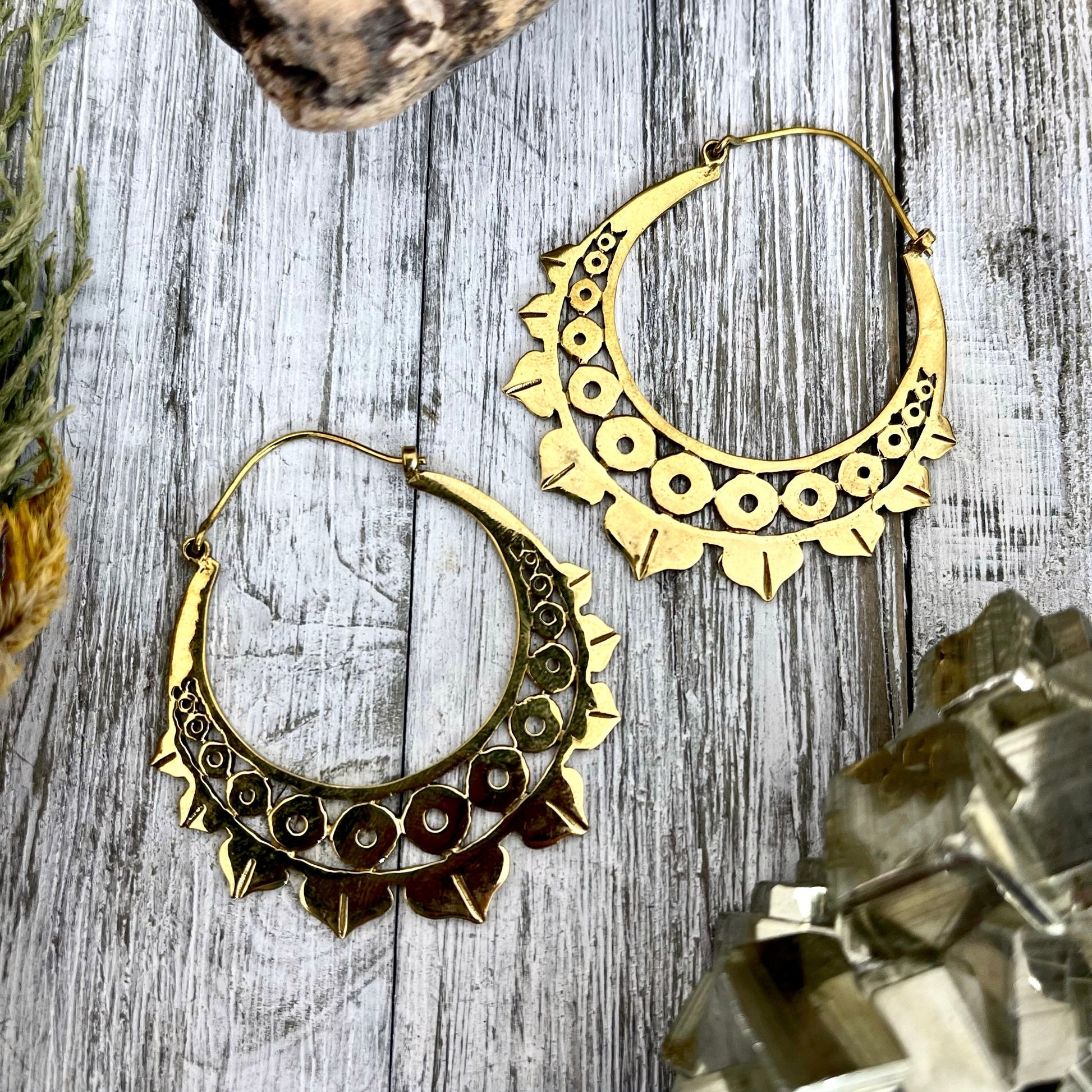 Large Brass Dots Decorated Hoop Earrings.
