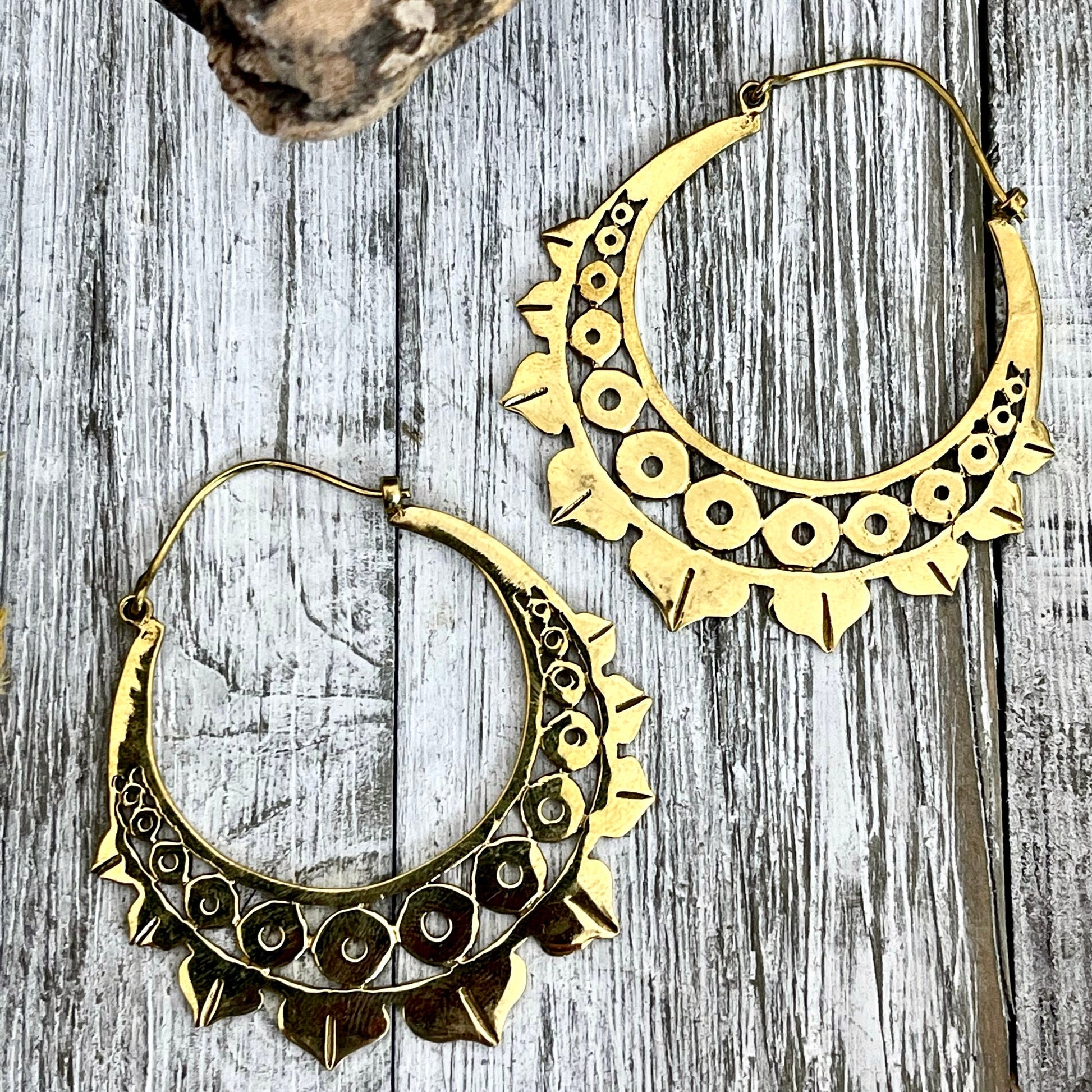 Large Brass Dots Decorated Hoop Earrings.