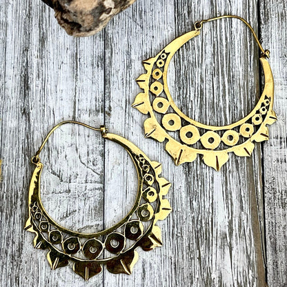 Large Brass Dots Decorated Hoop Earrings.