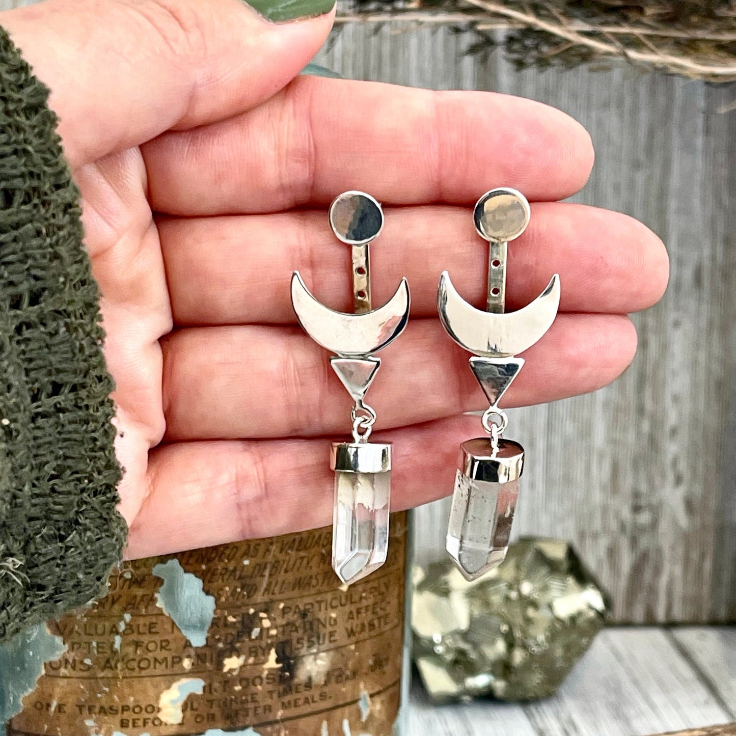 Crescent Moon Ear Jacket Earrings with Natural Clear Quartz Crystals set in Brass or Sterling Silver - Foxlark Crystal Jewelry