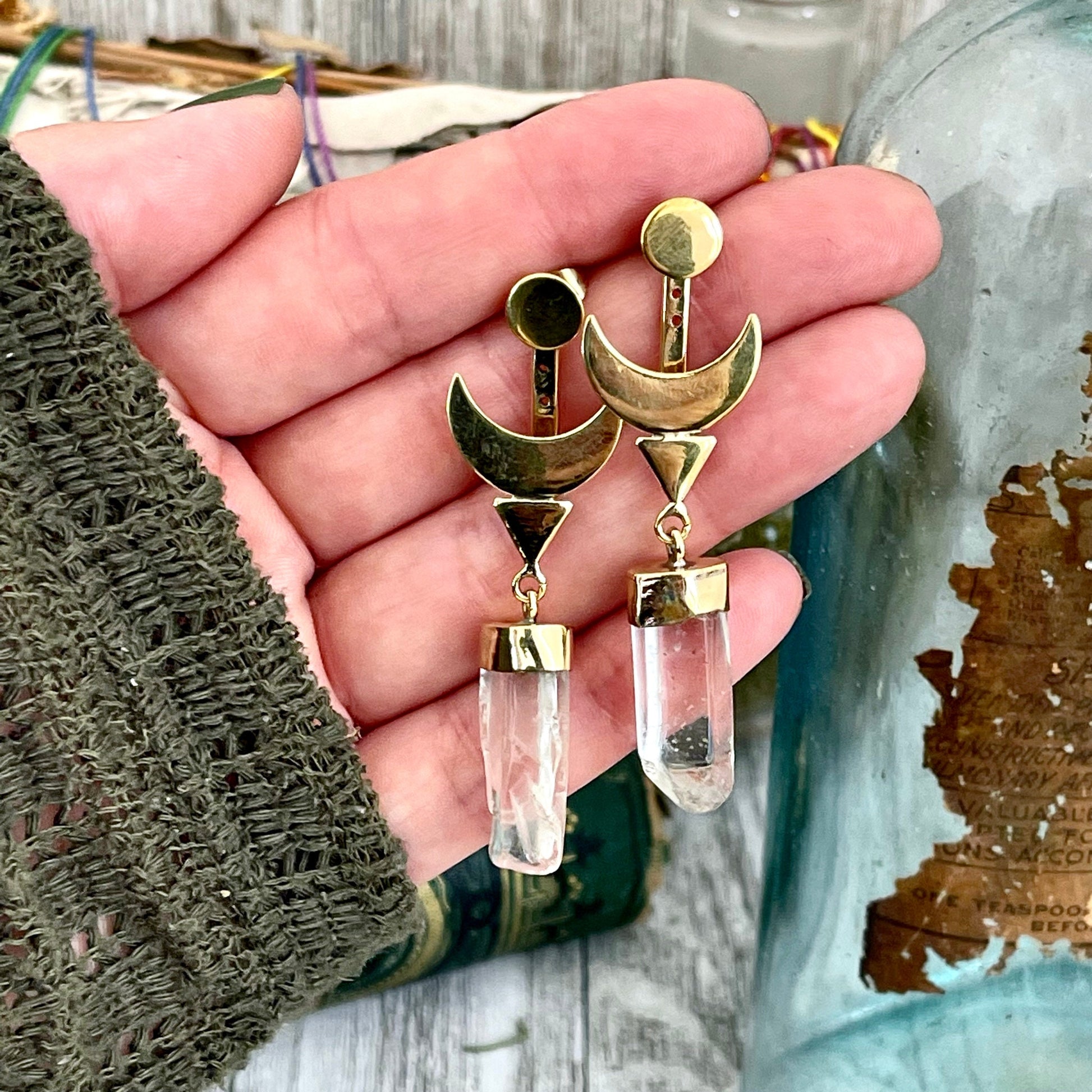 Crescent Moon Ear Jacket Earrings with Natural Clear Quartz Crystals set in Brass or Sterling Silver - Foxlark Crystal Jewelry