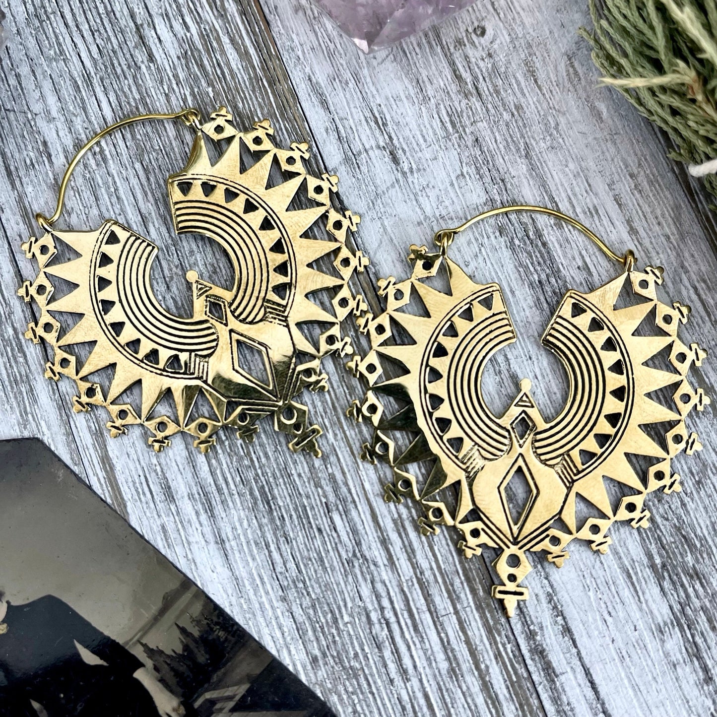 Large Brass Decorated Hoop Earrings