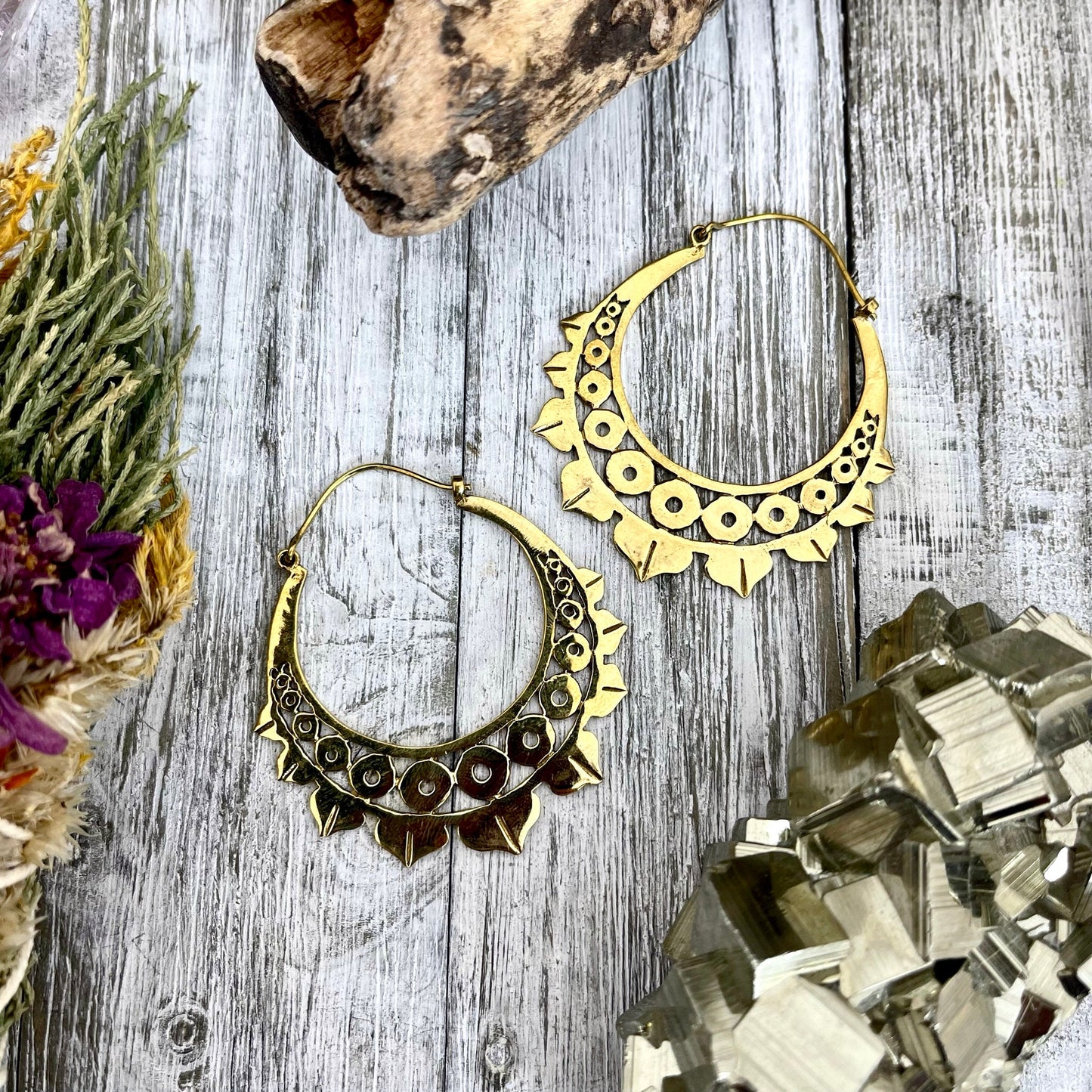 Large Brass Dots Decorated Hoop Earrings.