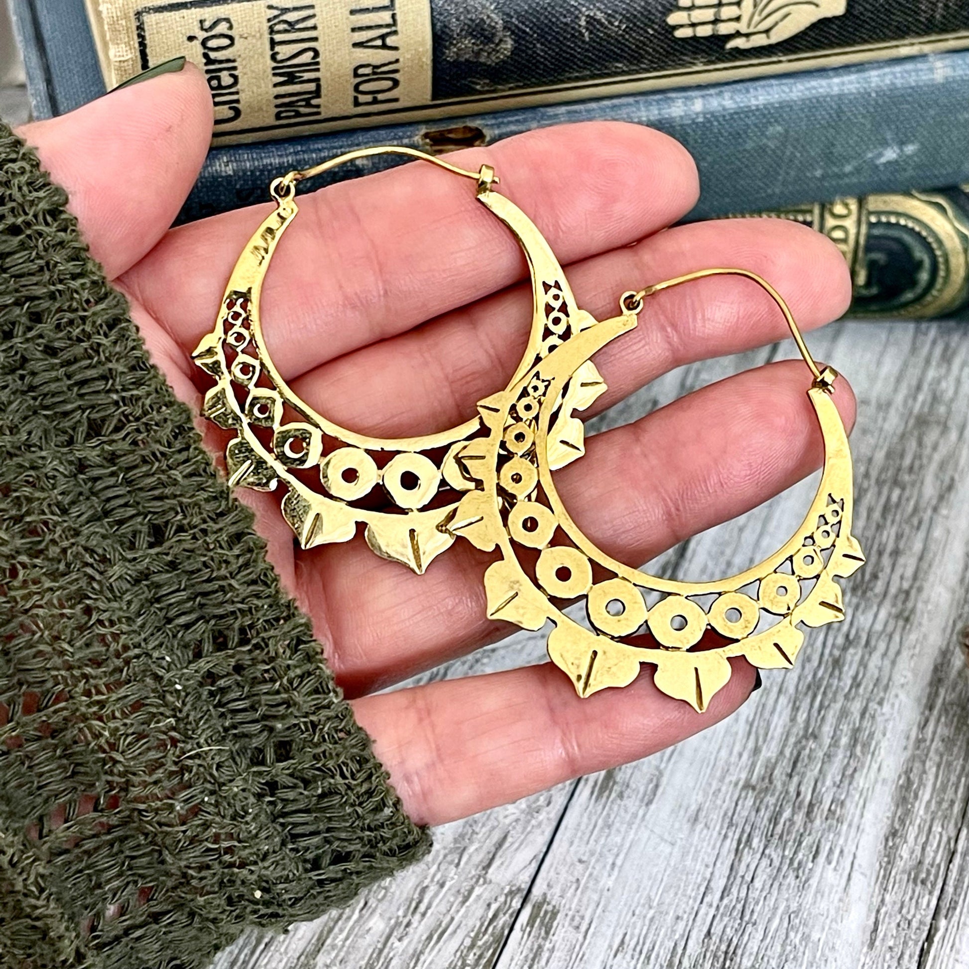Large Brass Dots Decorated Hoop Earrings.