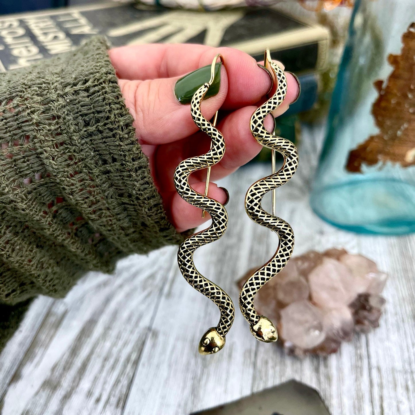 Long Large Brass Serpent / Snake Earrings