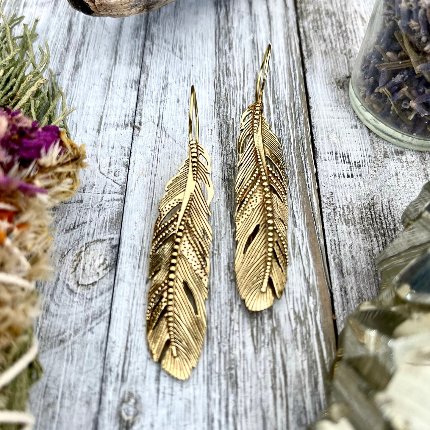 Long Large Brass Feather Earrings