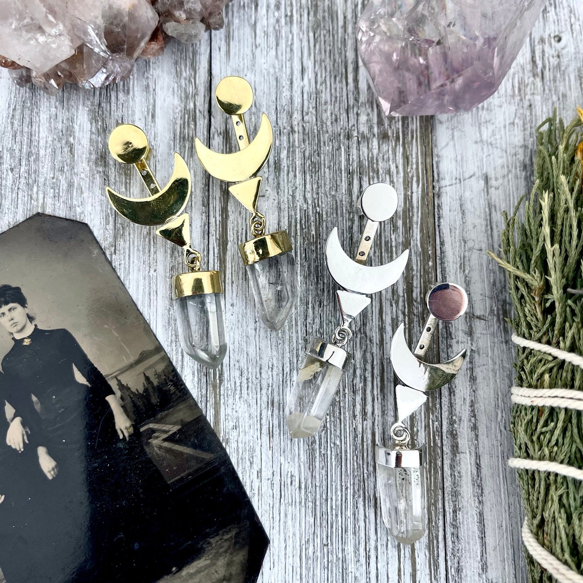 Crescent Moon Ear Jacket Earrings with Natural Clear Quartz Crystals set in Brass or Sterling Silver - Foxlark Crystal Jewelry
