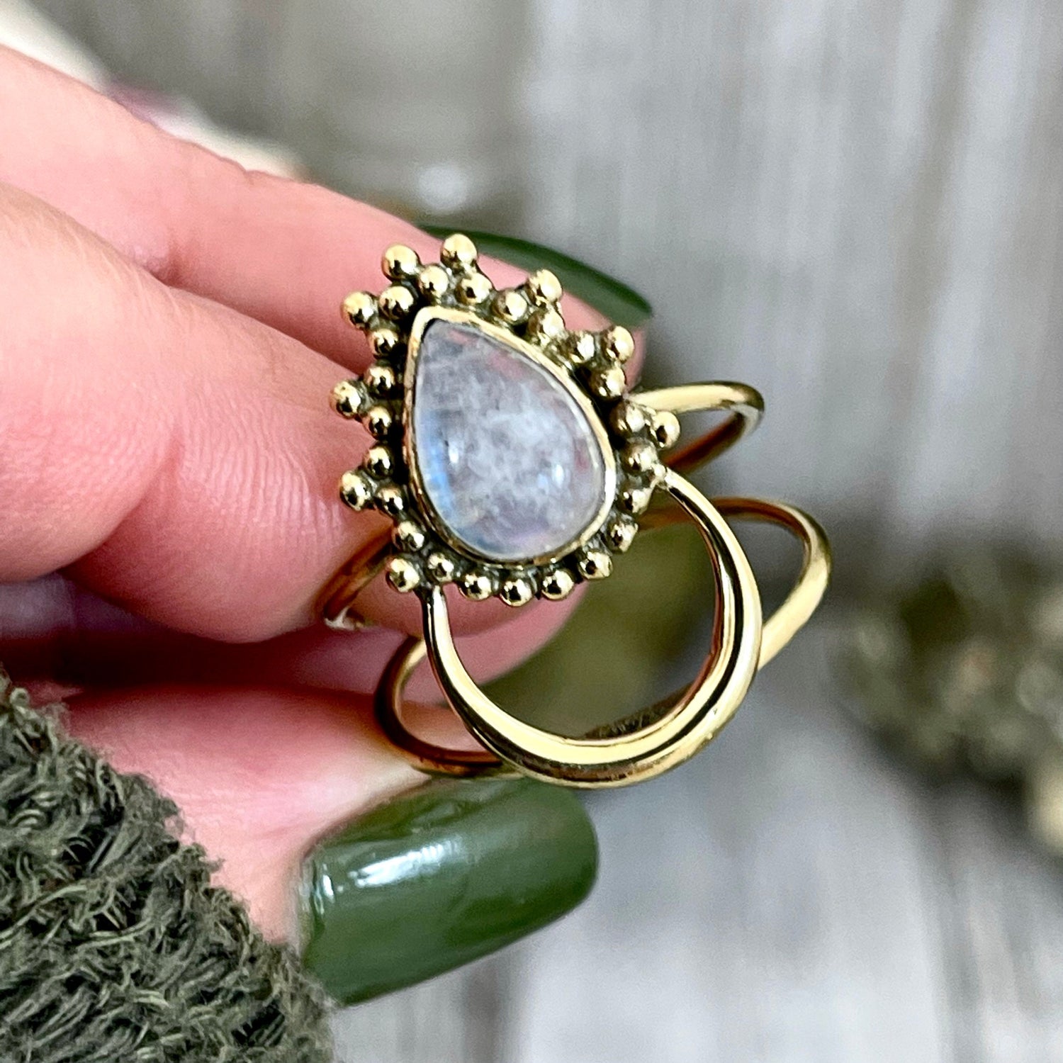 Beautiful Crescent Moon Rainbow Moonstone Statement Ring Set in Brass / Curated by FOXLARK Collection