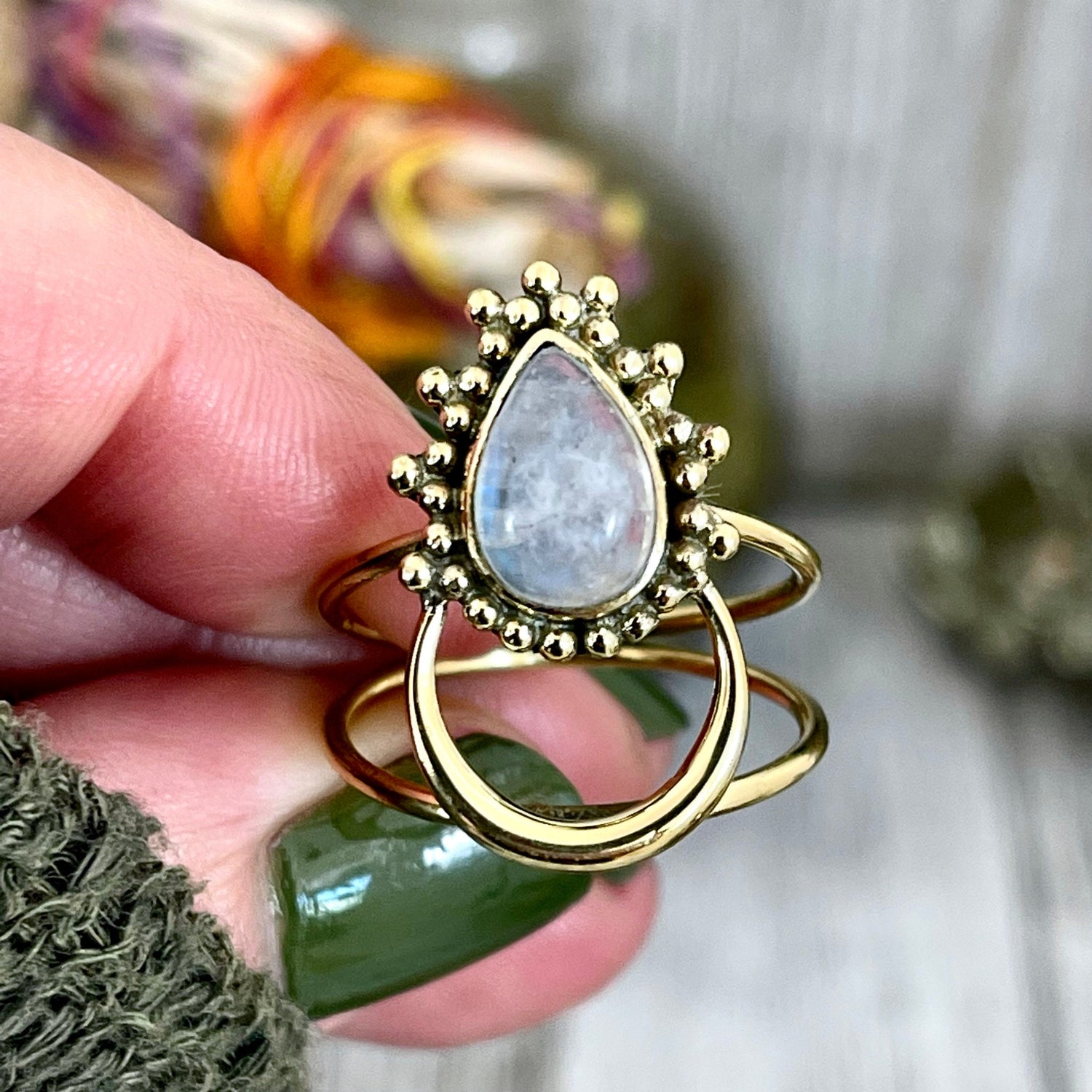 Beautiful Crescent Moon Rainbow Moonstone Statement Ring Set in Brass / Curated by FOXLARK Collection