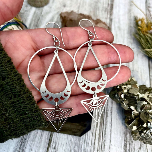 All Seeing Eye & Moon Phases Earrings / Sterling Silver and Stainless Steel Long Dangly Geometric Earrings.