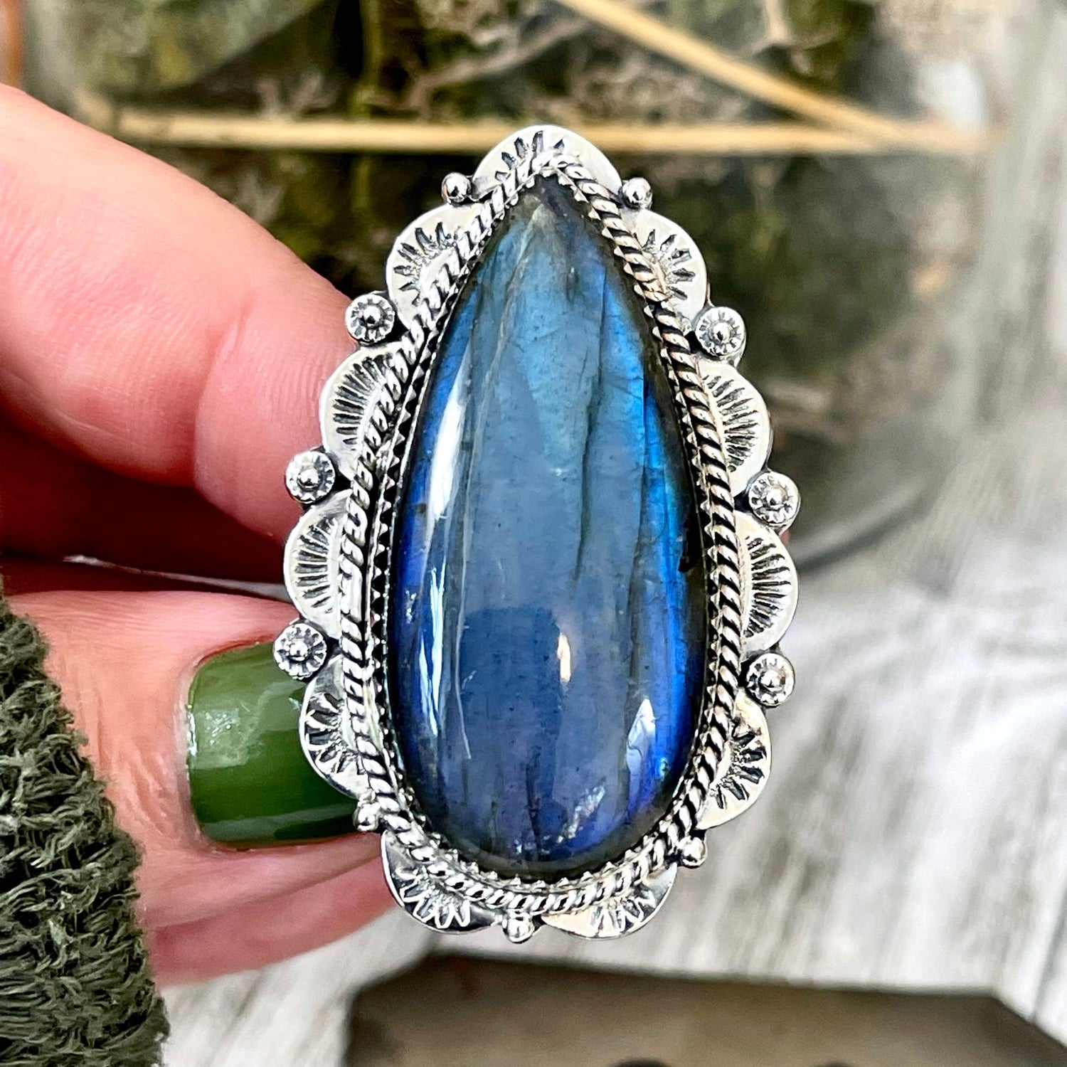 Labradorite Teardrop Crystal Statement Ring in Sterling Silver- Adjustable- Designed by FOXLARK Collection Adjusts to Size 6,7,8,9, or 10