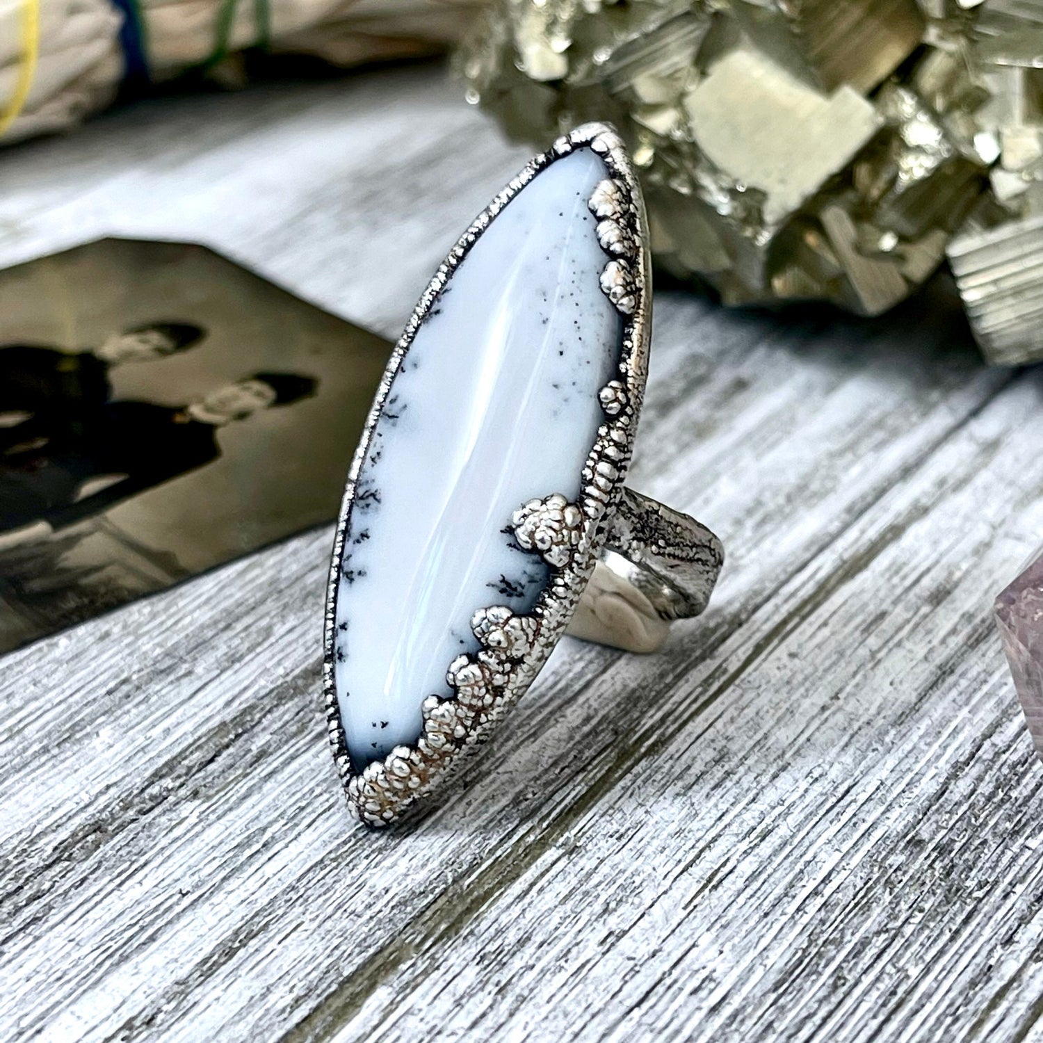 Size 8.5 Moss Opal Large Crystal Ring in Fine Silver for Woman / Foxlark Collection - One of a Kind