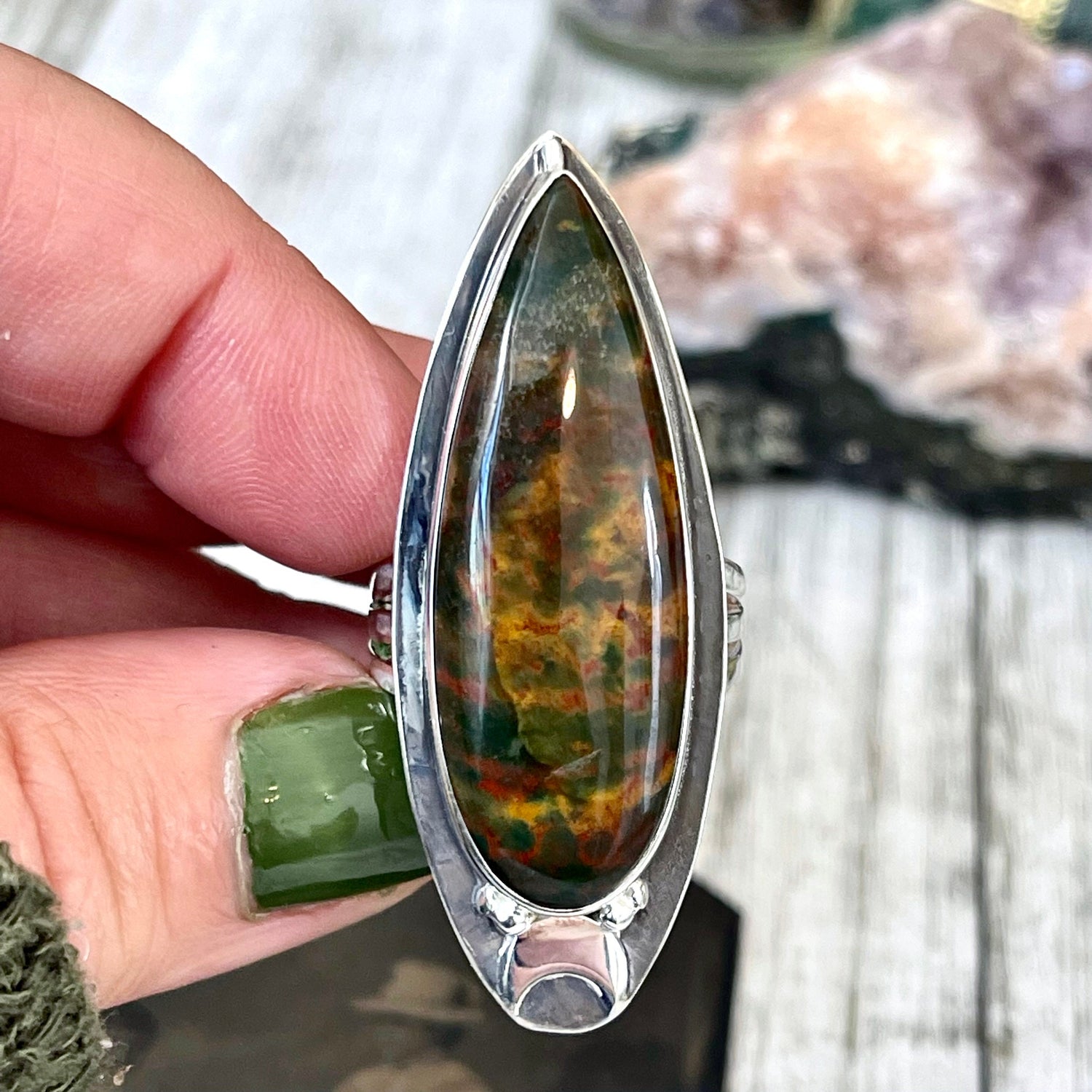 Magic Moons Bloodstone Statement Ring in Sterling Silver- Designed by FOXLARK Collection Size 5 6 7 8 9 10 11 / Gothic Jewelry