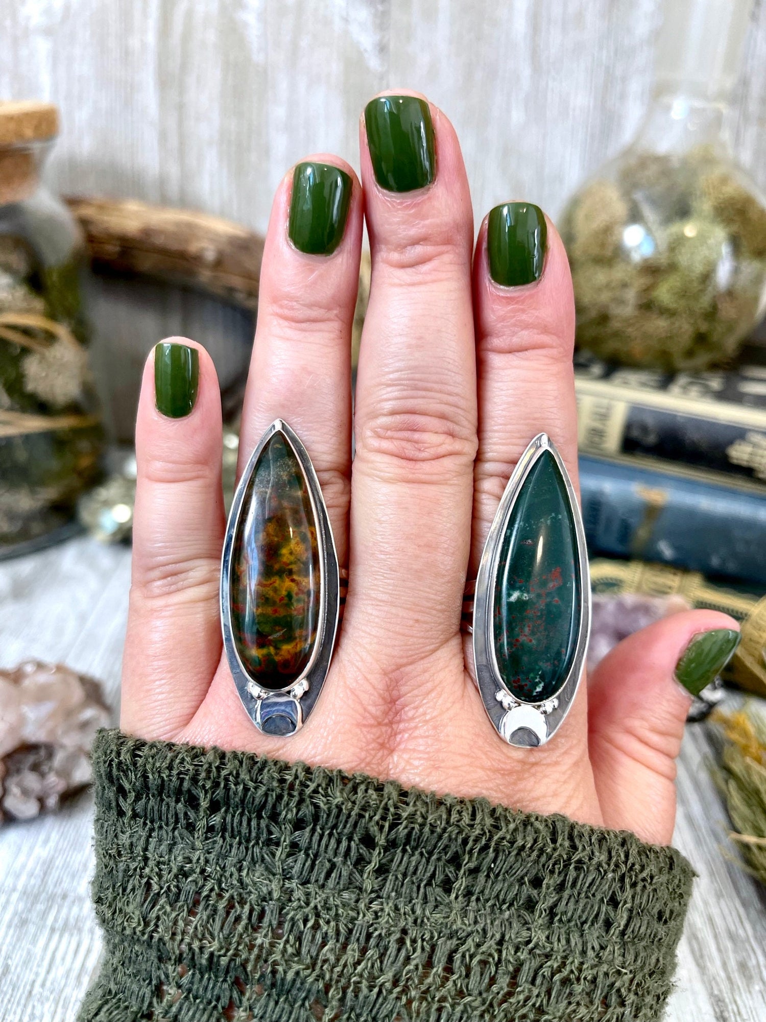 Magic Moons Bloodstone Statement Ring in Sterling Silver- Designed by FOXLARK Collection Size 5 6 7 8 9 10 11 / Gothic Jewelry